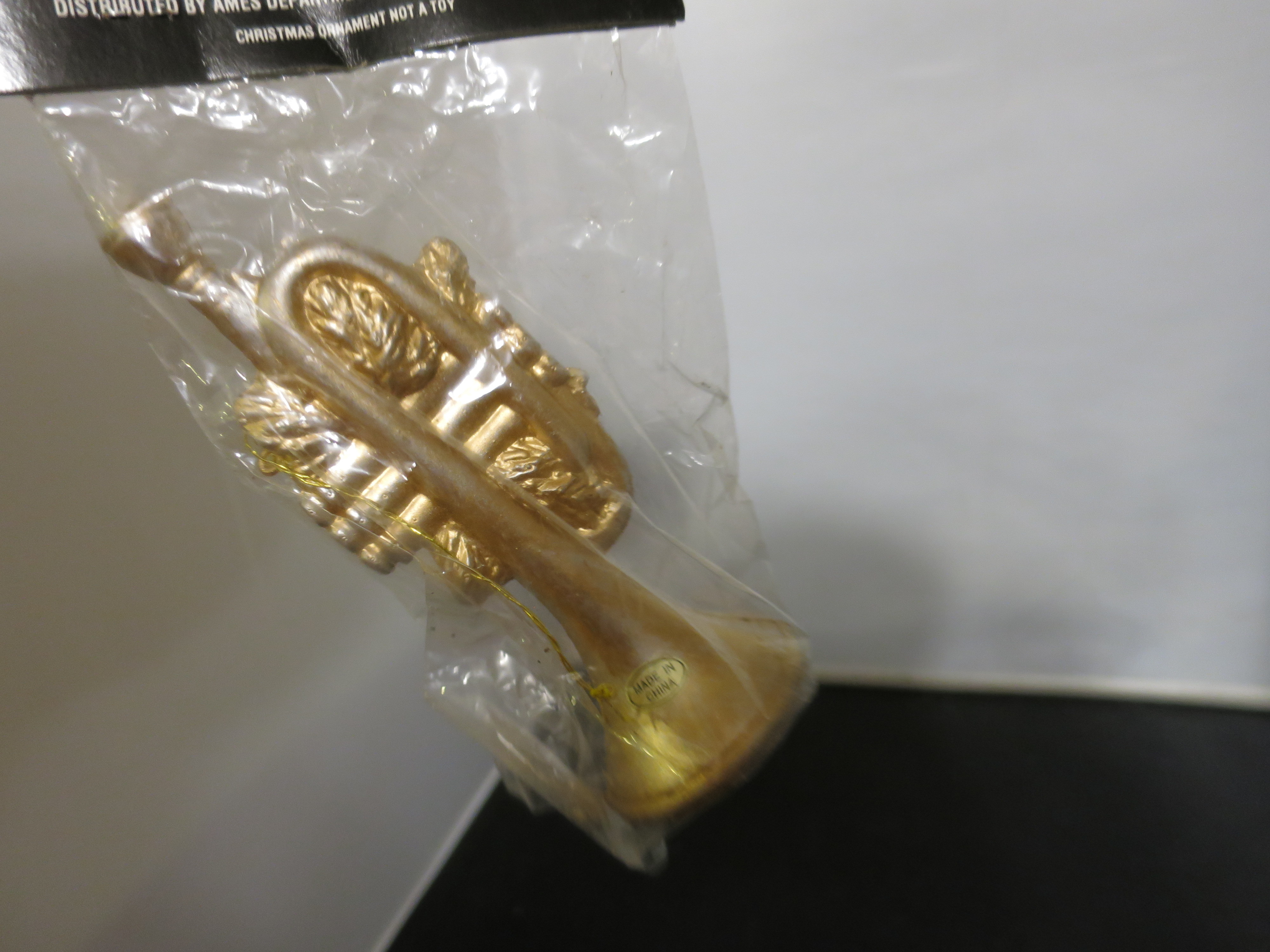 Vintage Trumpet Christmas Ornament Shimmering Gold Ames 5 1/4 in