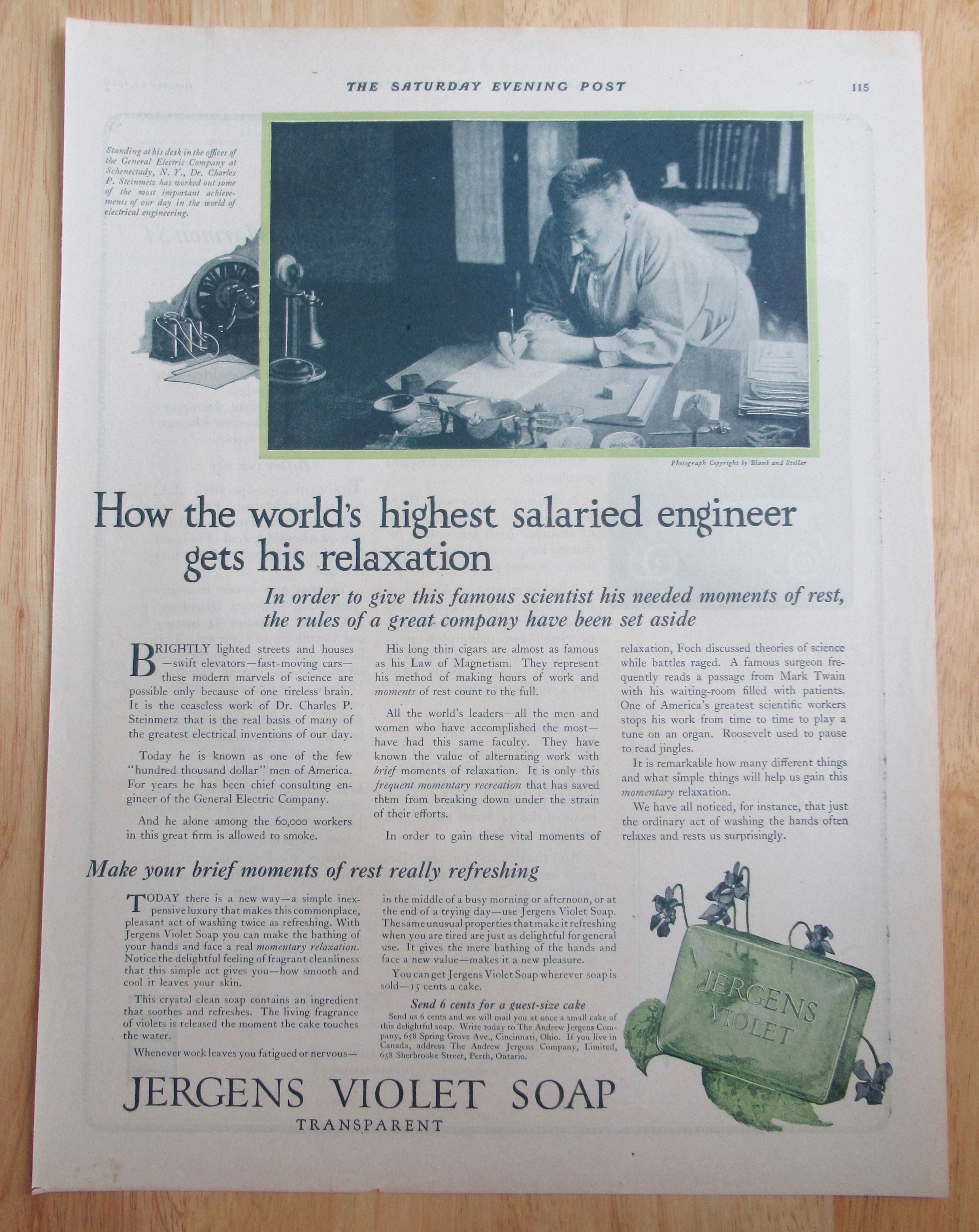 1920 Jergen's Violet Soap with Dr Charles P Steinmetz