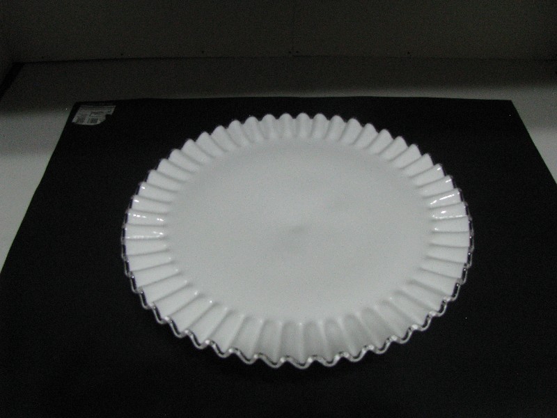 Vintage Fenton Silver Crest Milk Glass Ruffled Cake Stand Pedestal Plate