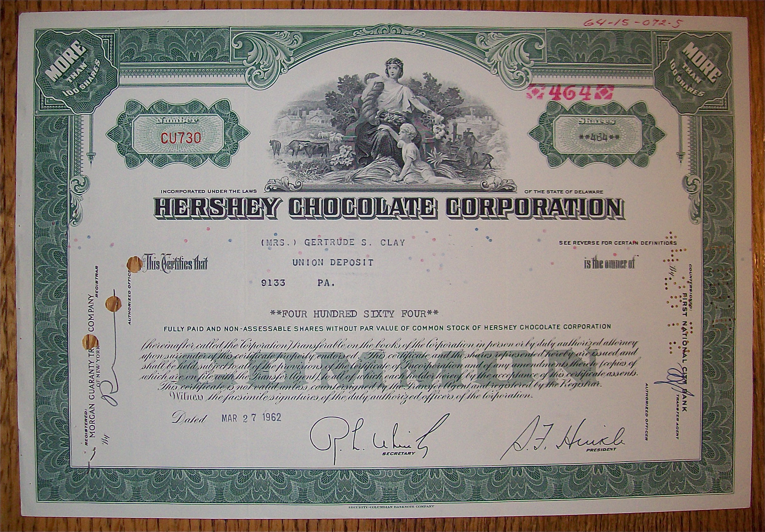 1962 Hershey Chocolate Corp Stock Certificate