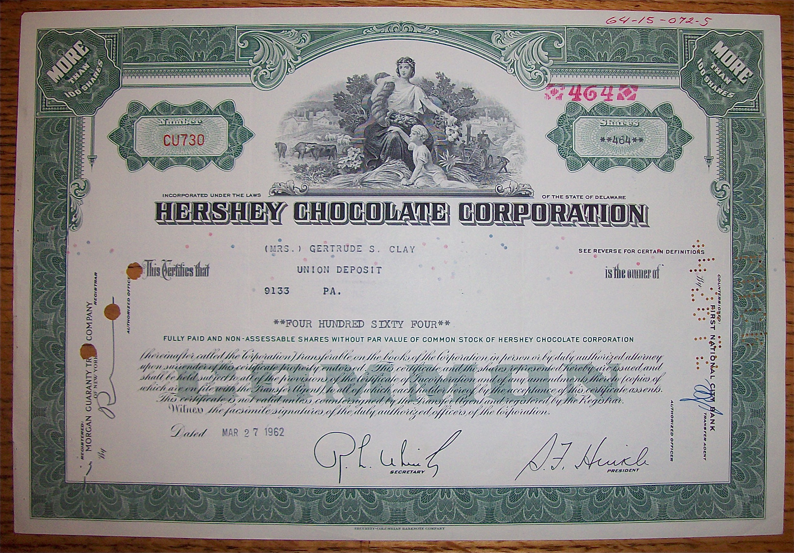 1962 Hershey Chocolate Corp Stock Certificate