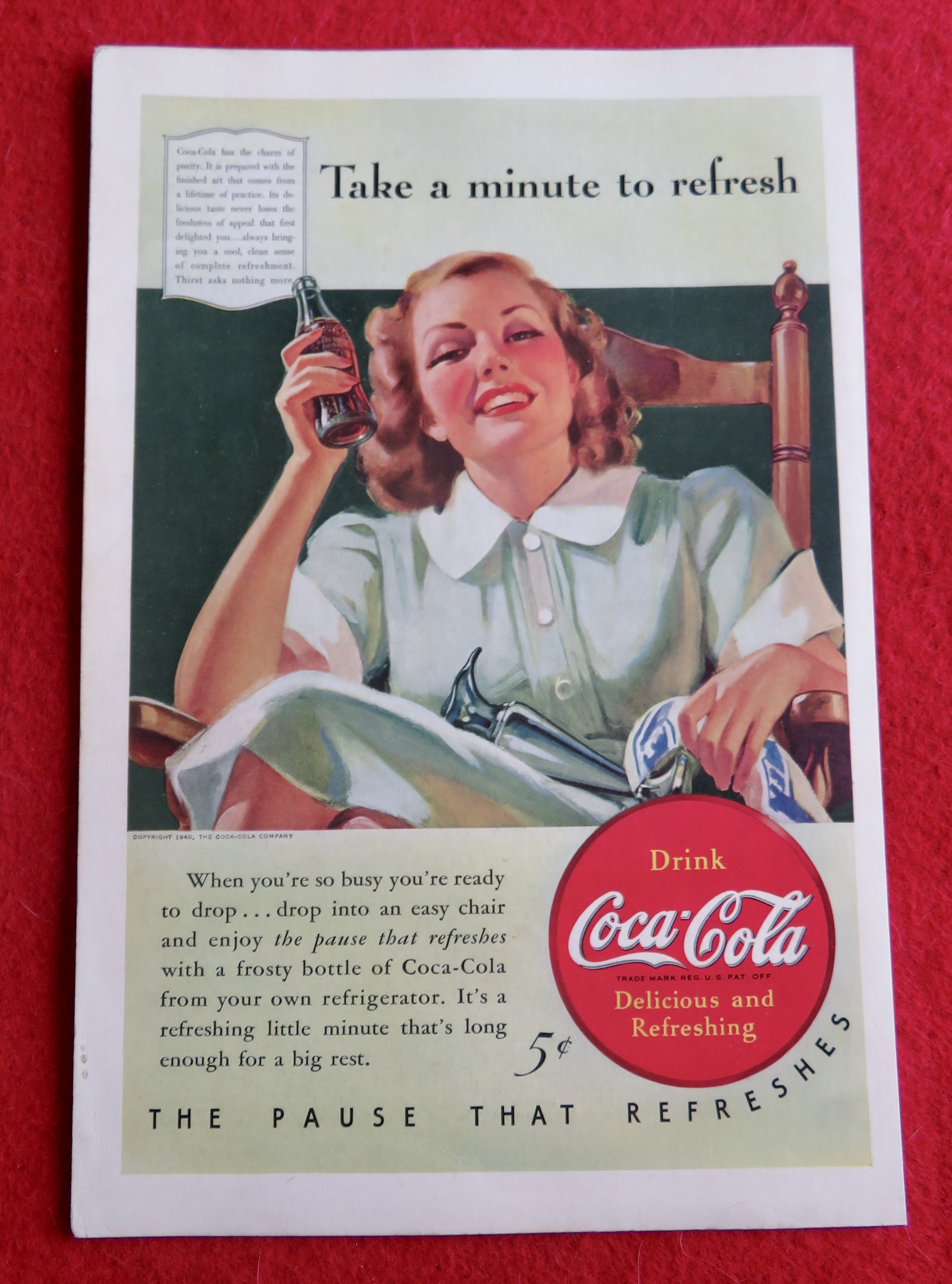 1940 Coca Cola (Coke) w/ Woman Sitting & Drinking Soda