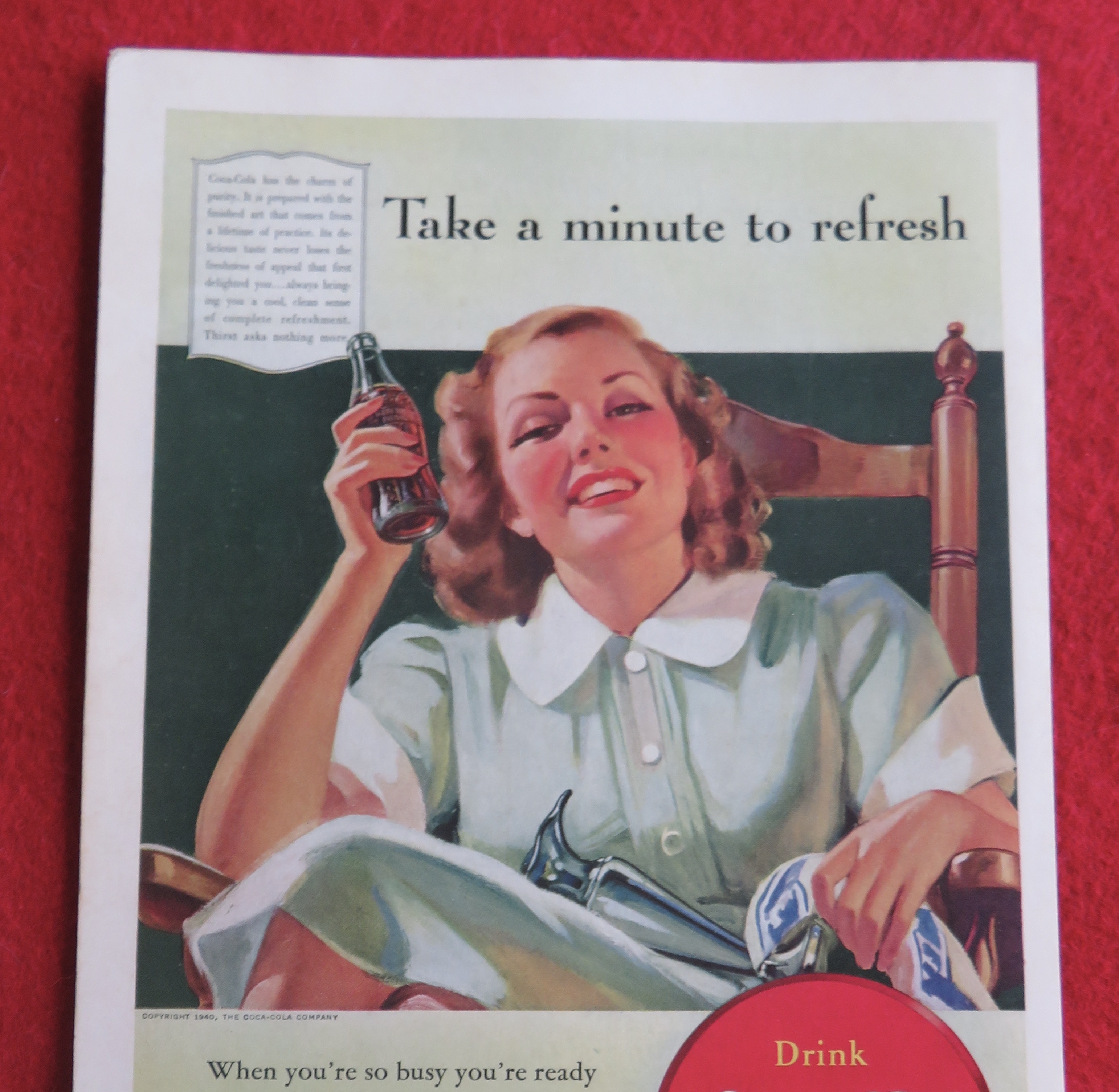 1940 Coca Cola (Coke) w/ Woman Sitting & Drinking Soda