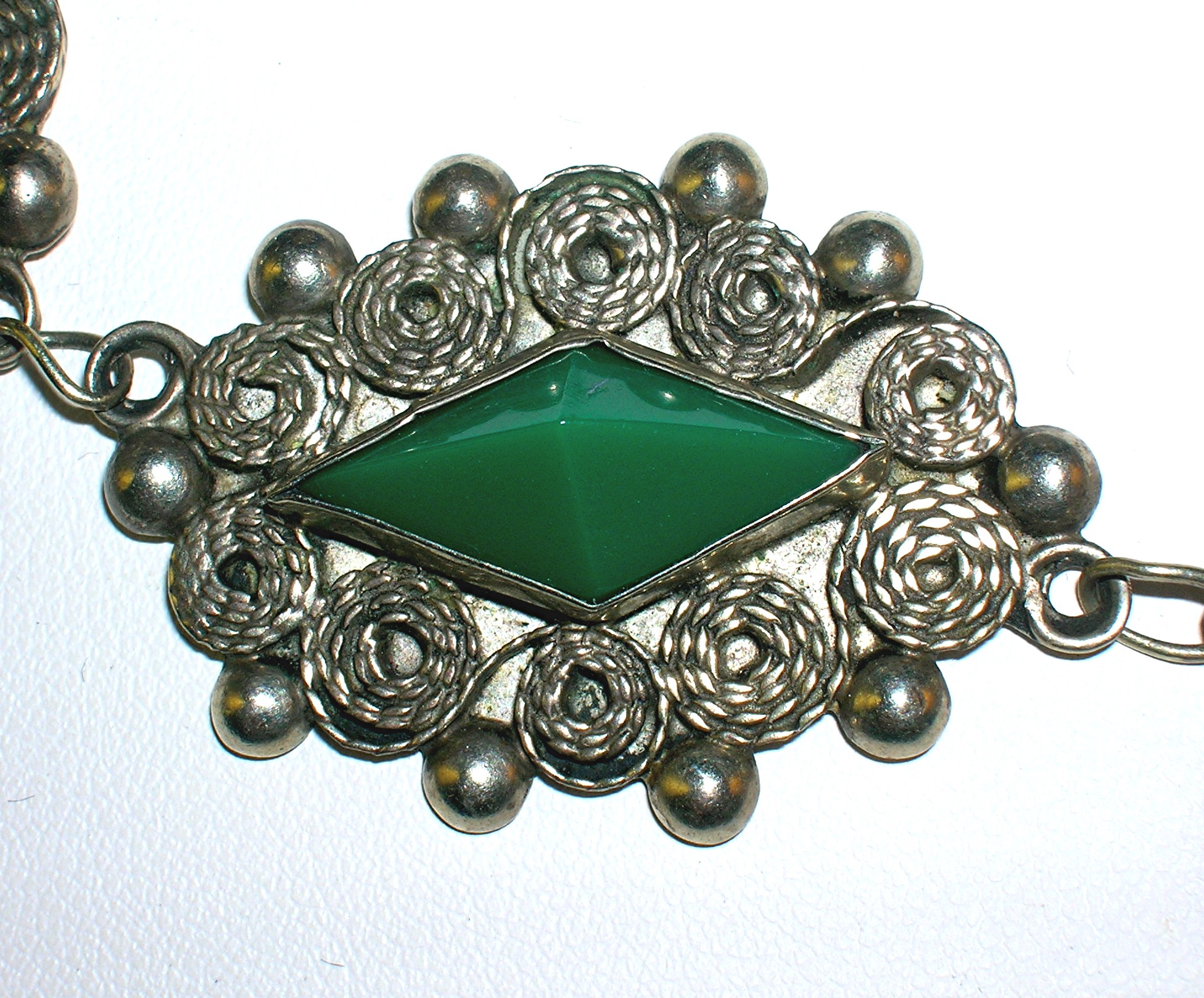 Antique Silver  Green Jade Glass Mexican Necklace