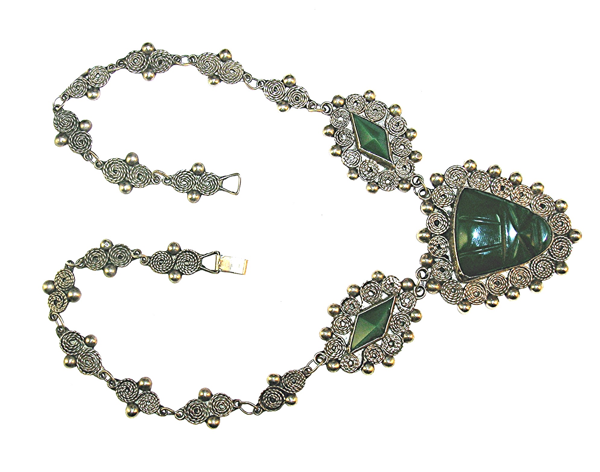 Antique Silver  Green Jade Glass Mexican Necklace