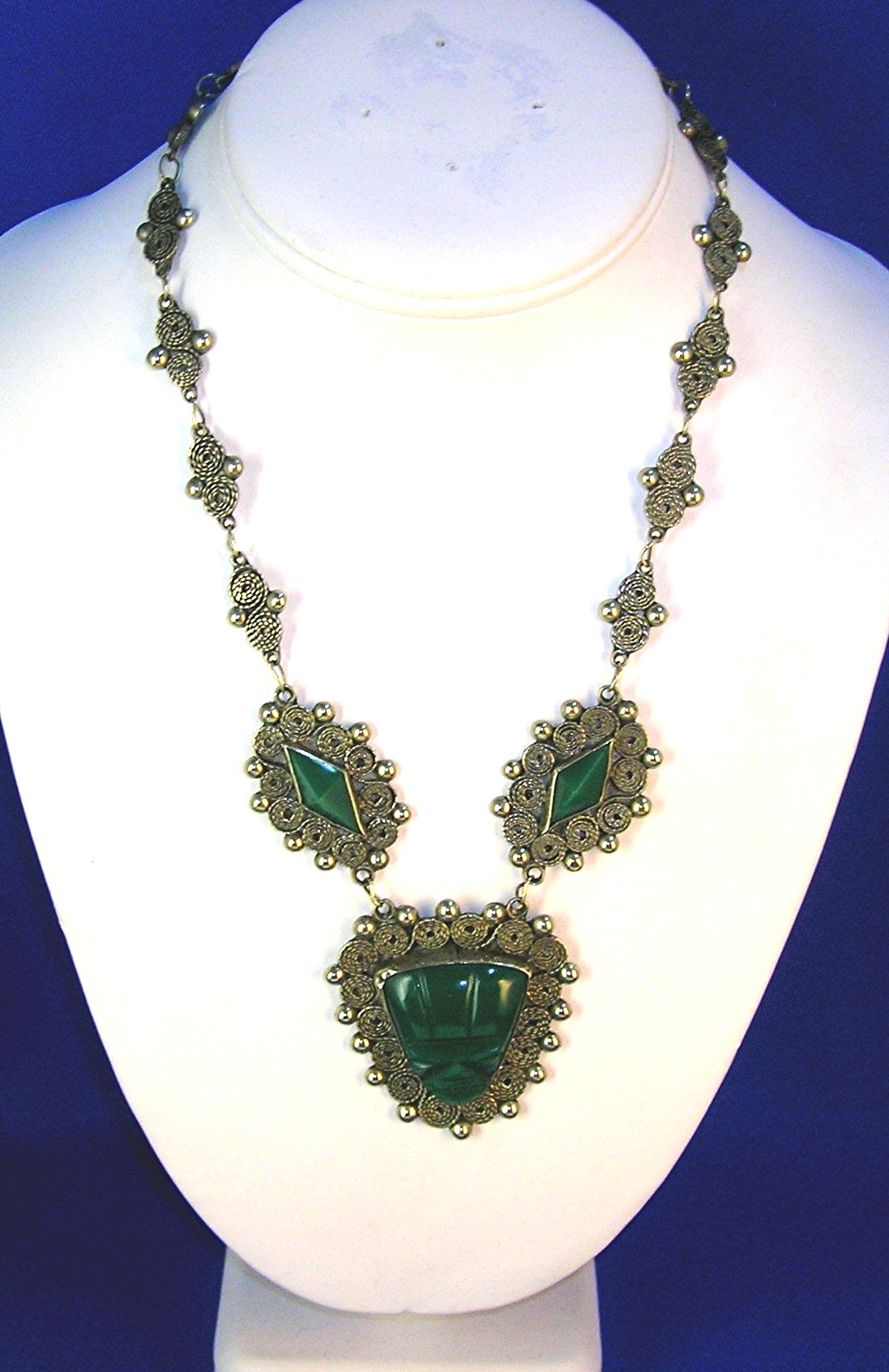 Antique Silver Green Jade Glass Mexican Necklace