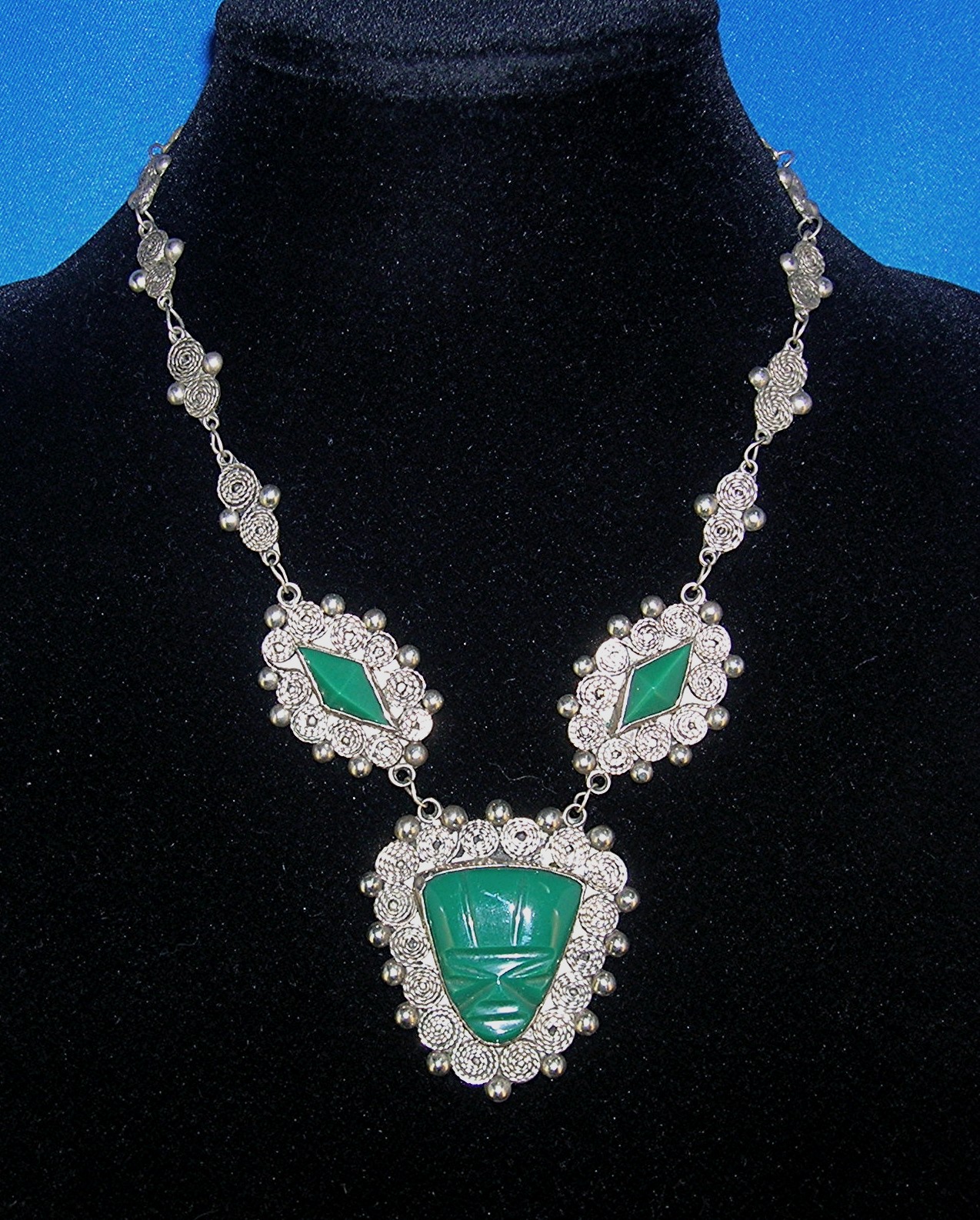 Antique Silver  Green Jade Glass Mexican Necklace