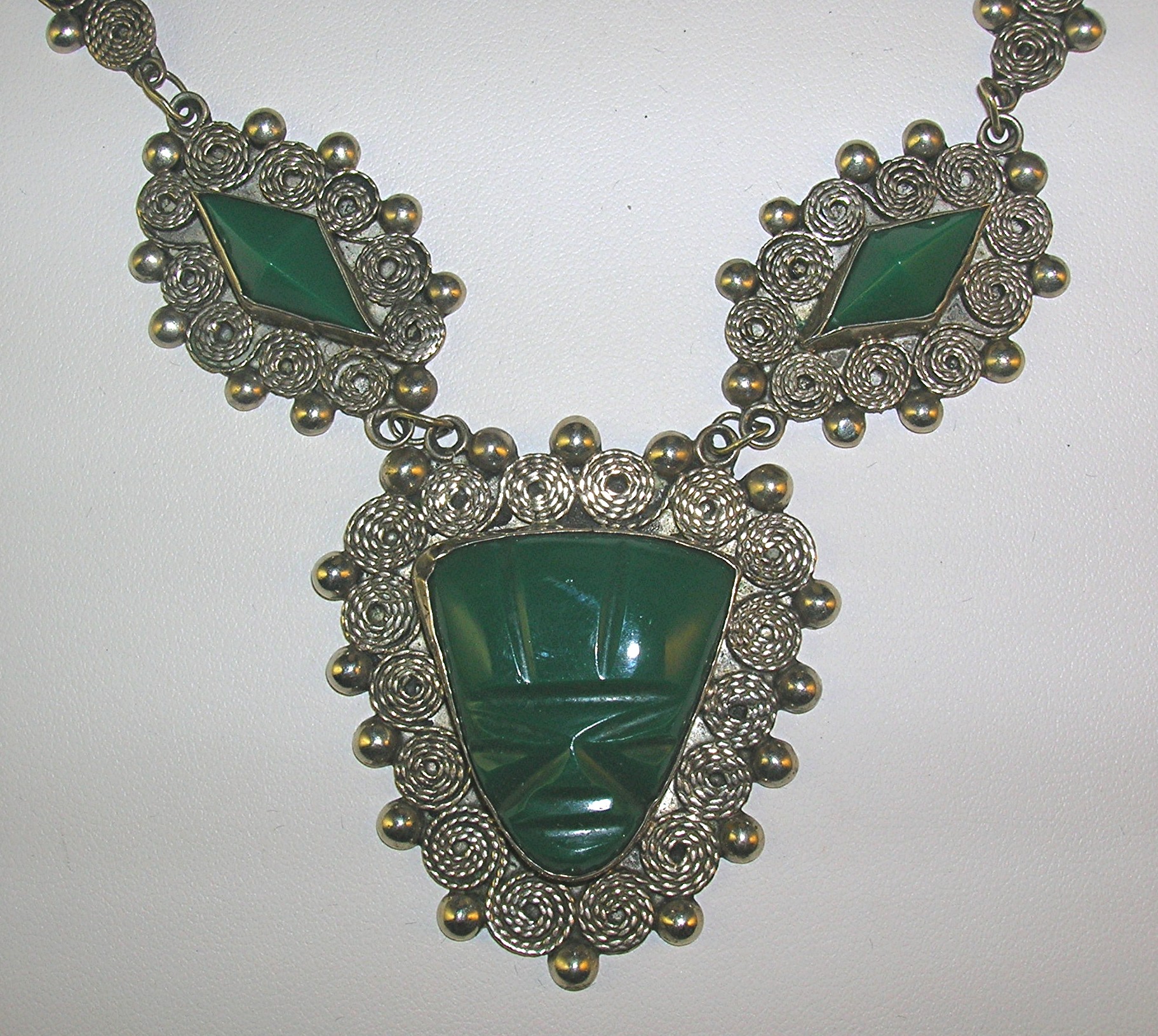 Antique Silver  Green Jade Glass Mexican Necklace