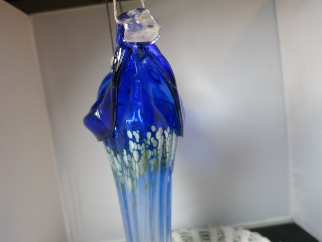 Blown Art Glass Hanging Vase Cobalt Blue Silver Clear 13 3/4 inch