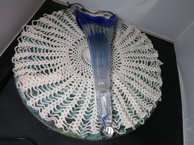 Blown Art Glass Hanging Vase Cobalt Blue Silver Clear 13 3/4 inch