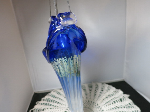 Blown Art Glass Hanging Vase Cobalt Blue Silver Clear 13 3/4 inch