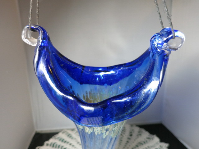 Blown Art Glass Hanging Vase Cobalt Blue Silver Clear 13 3/4 inch