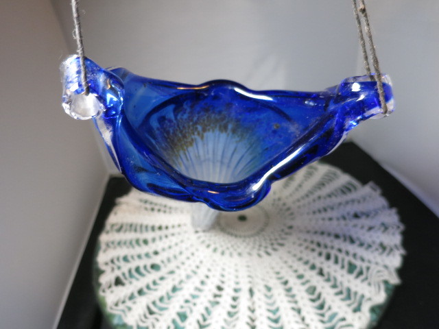 Blown Art Glass Hanging Vase Cobalt Blue Silver Clear 13 3/4 inch