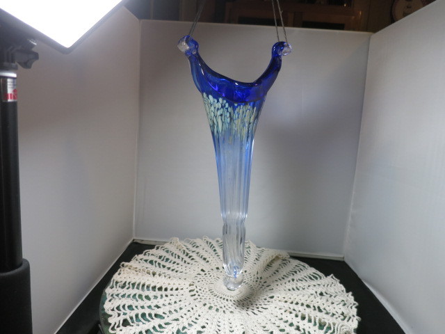 Blown Art Glass Hanging Vase Cobalt Blue Silver Clear 13 3/4 inch