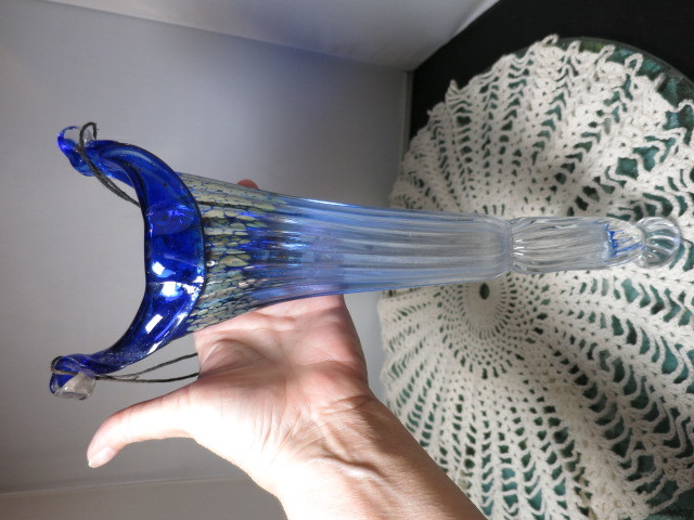 Blown Art Glass Hanging Vase Cobalt Blue Silver Clear 13 3/4 inch