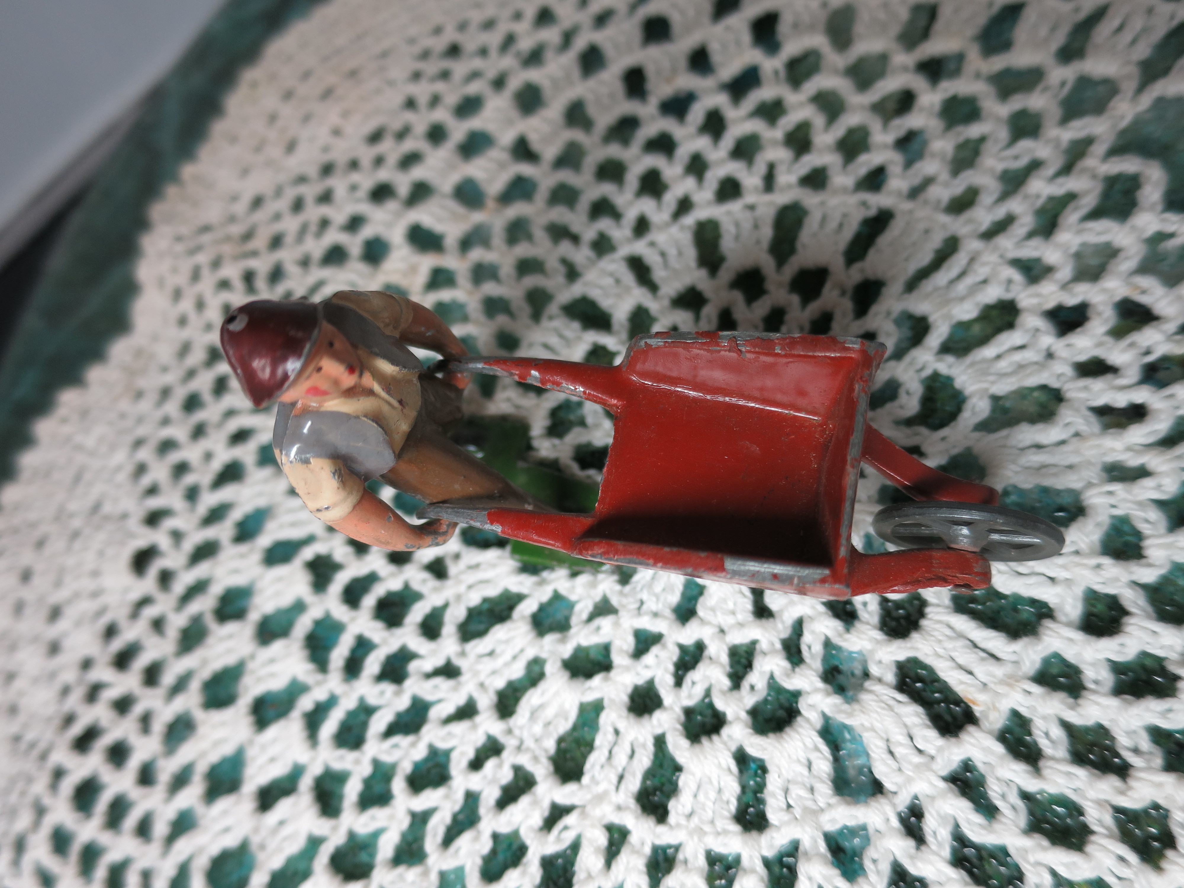France Lead Farm toy figurine Man Farmer Pushing Red Wheelbarrow