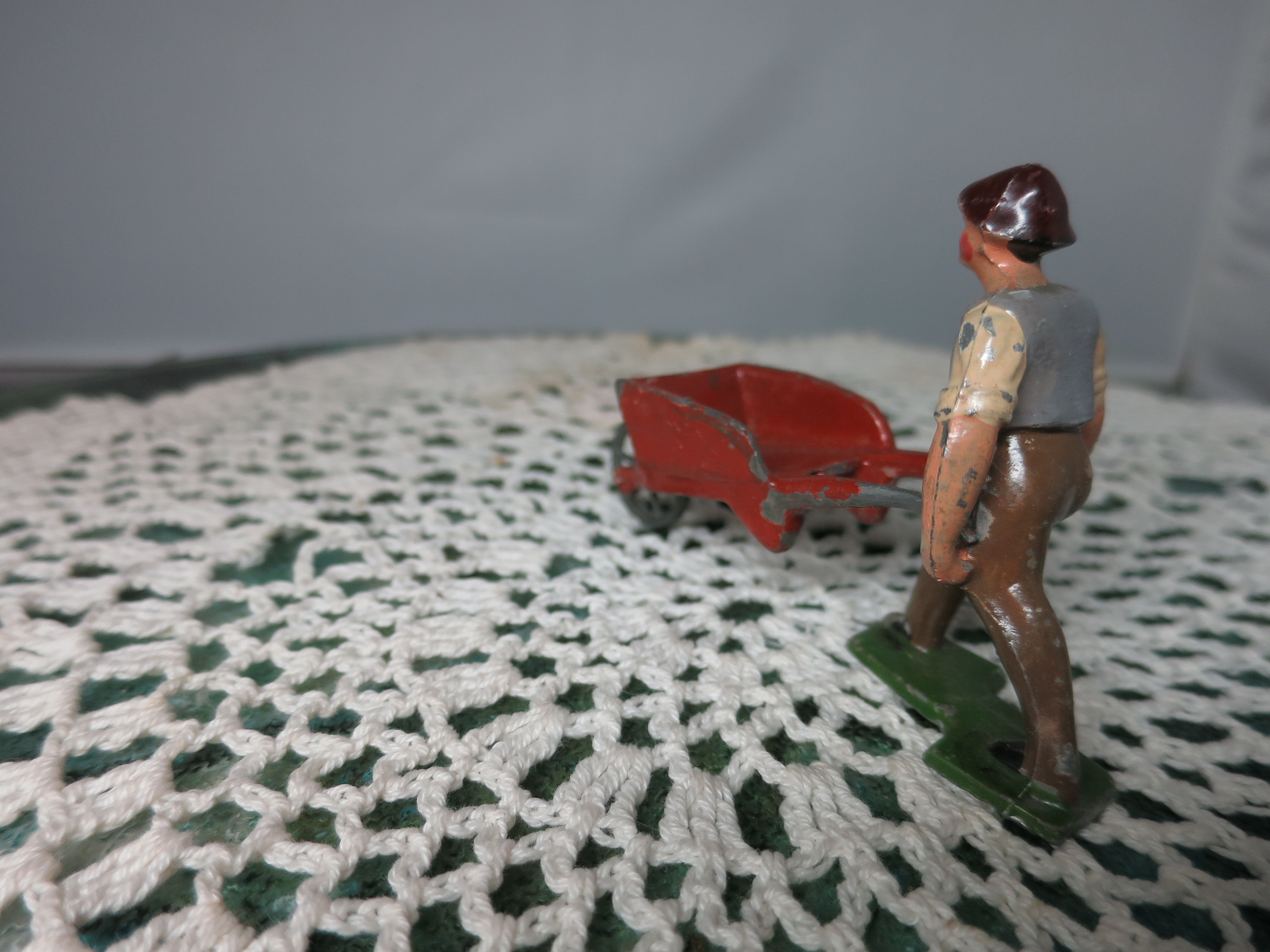 France Lead Farm toy figurine Man Farmer Pushing Red Wheelbarrow