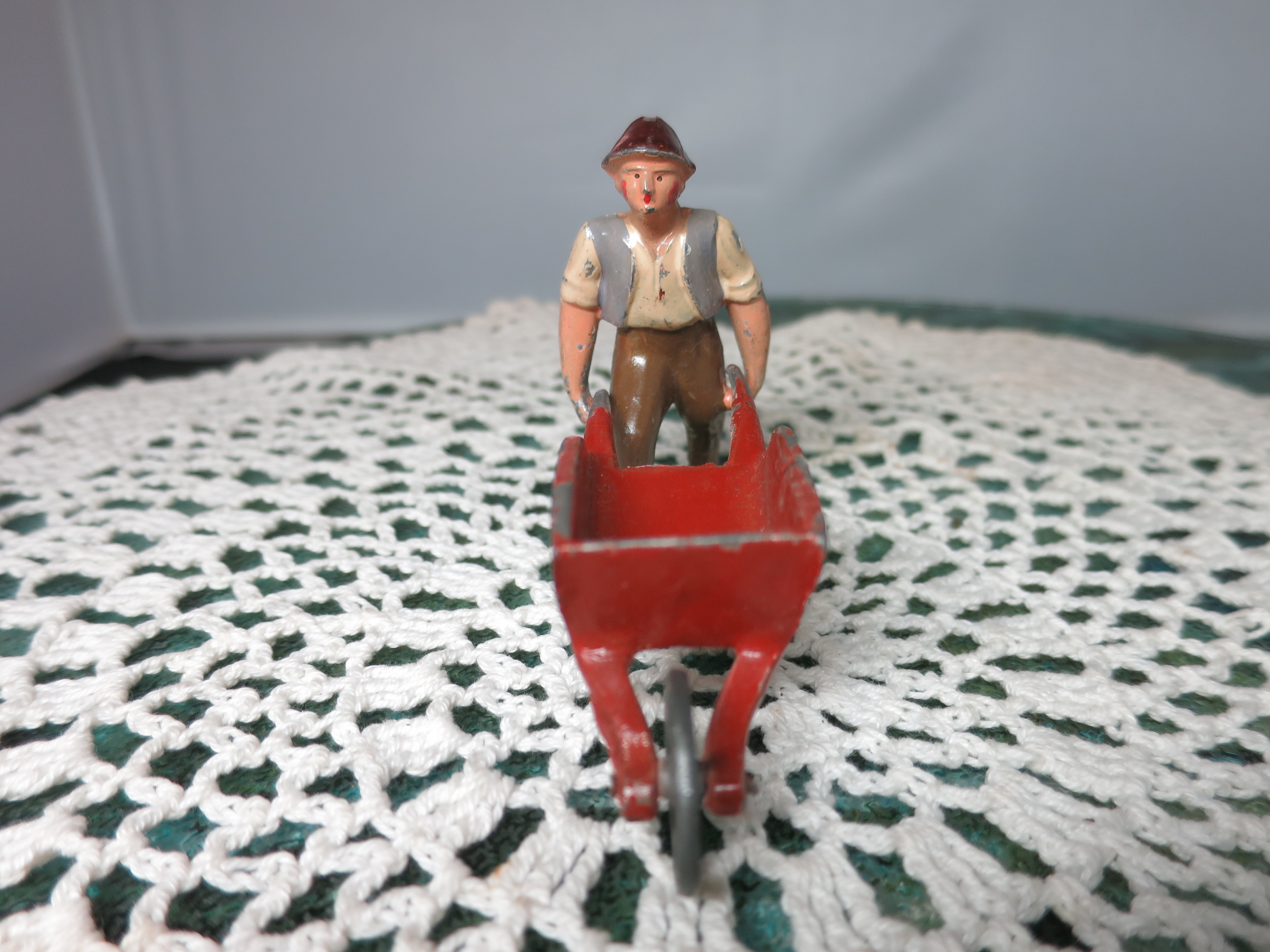 France Lead Farm toy figurine Man Farmer Pushing Red Wheelbarrow