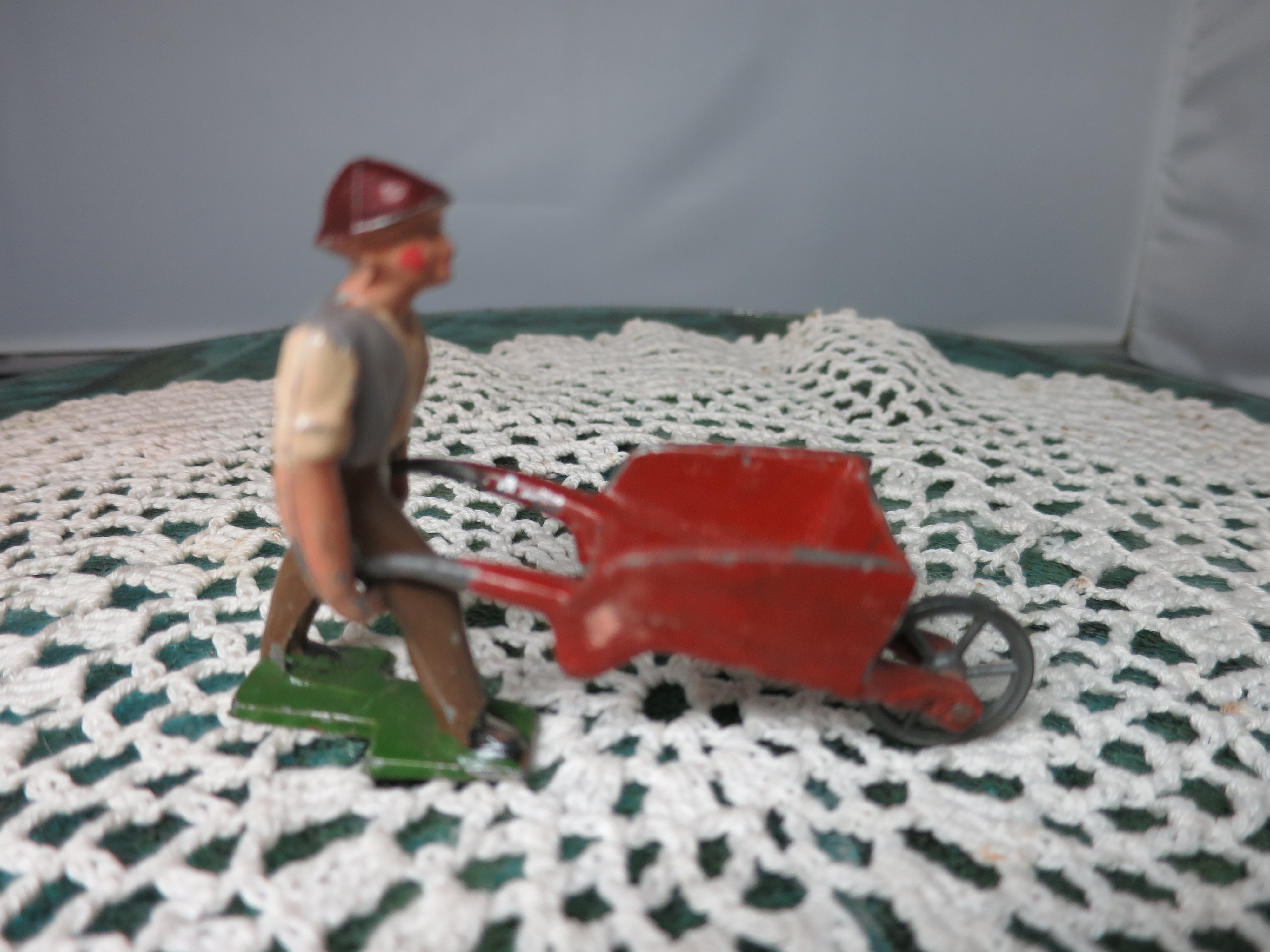 France Lead Farm toy figurine Man Farmer Pushing Red Wheelbarrow