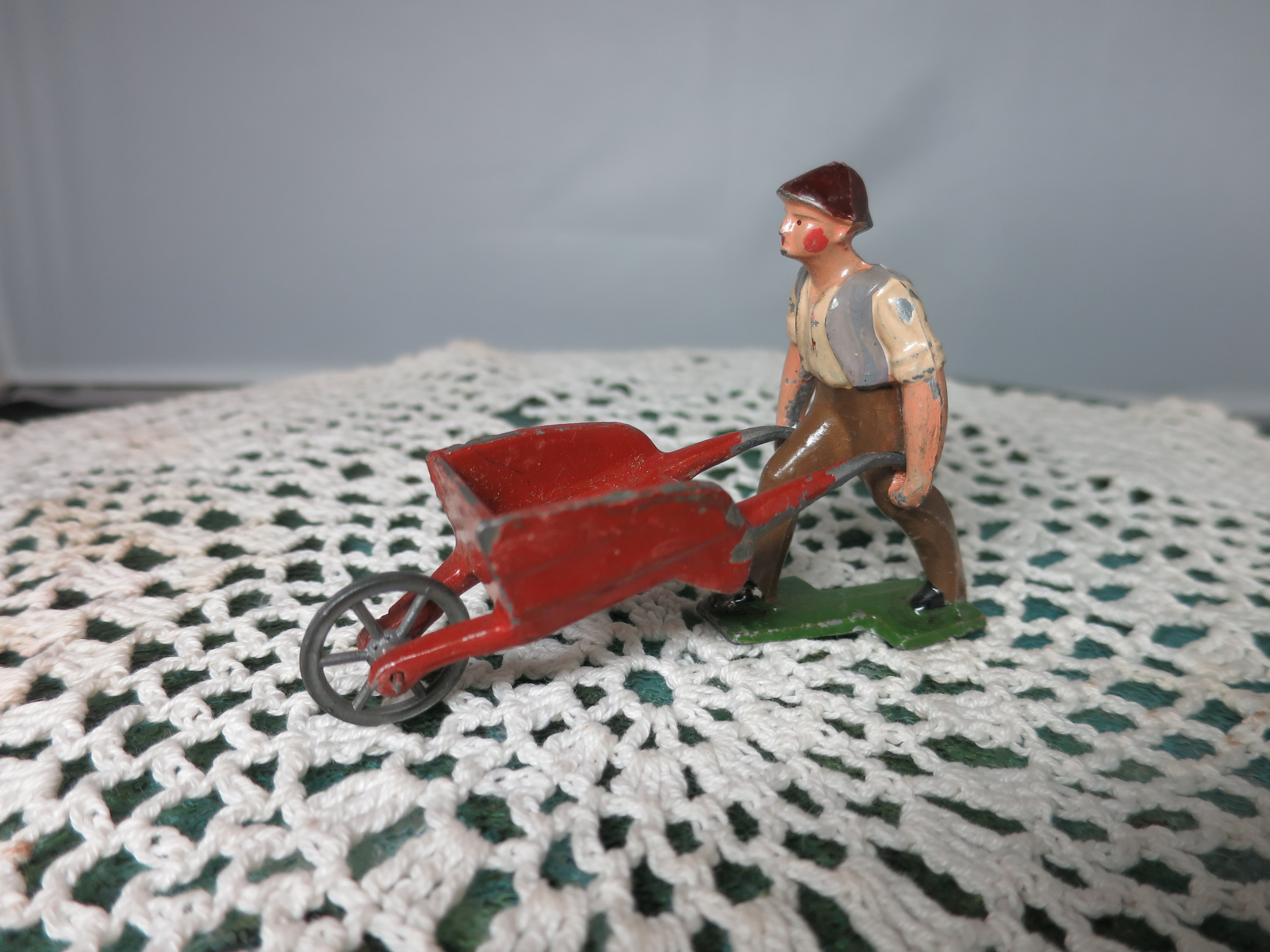 France Lead Farm toy figurine Man Farmer Pushing Red Wheelbarrow