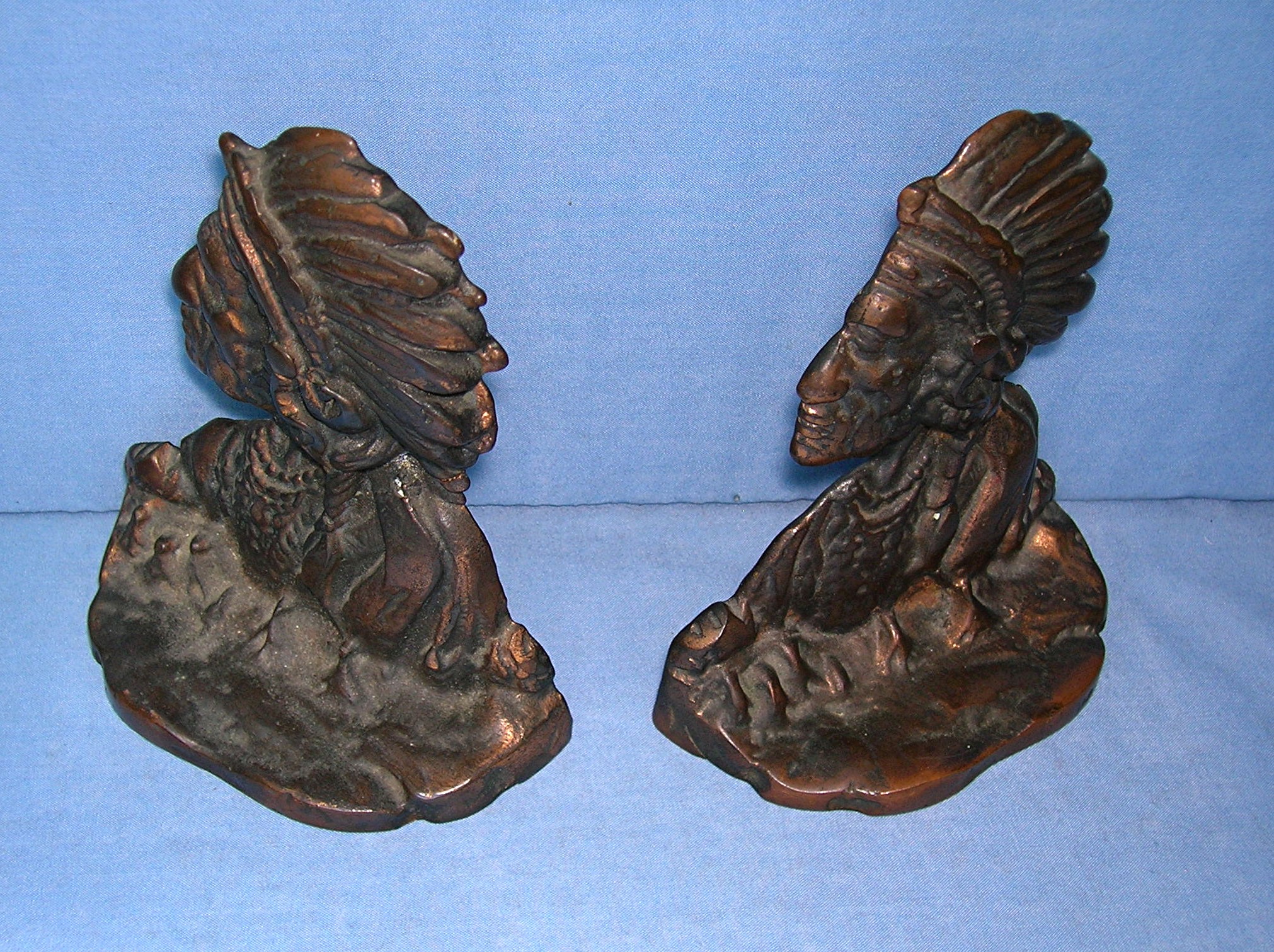 Cast Iron Copper Plate Native American Chief Book Ends