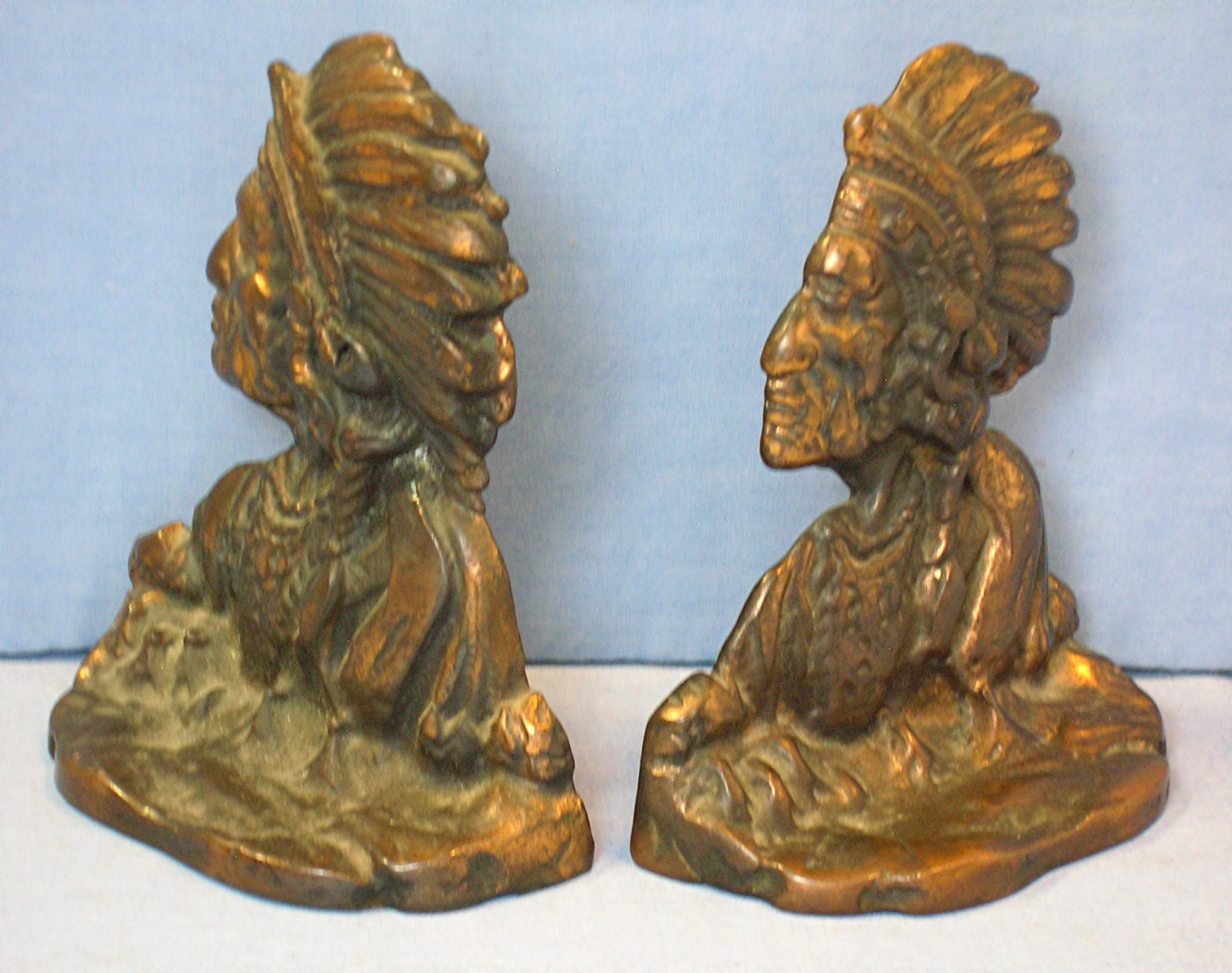 Cast Iron Copper Plate Native American Chief Book Ends