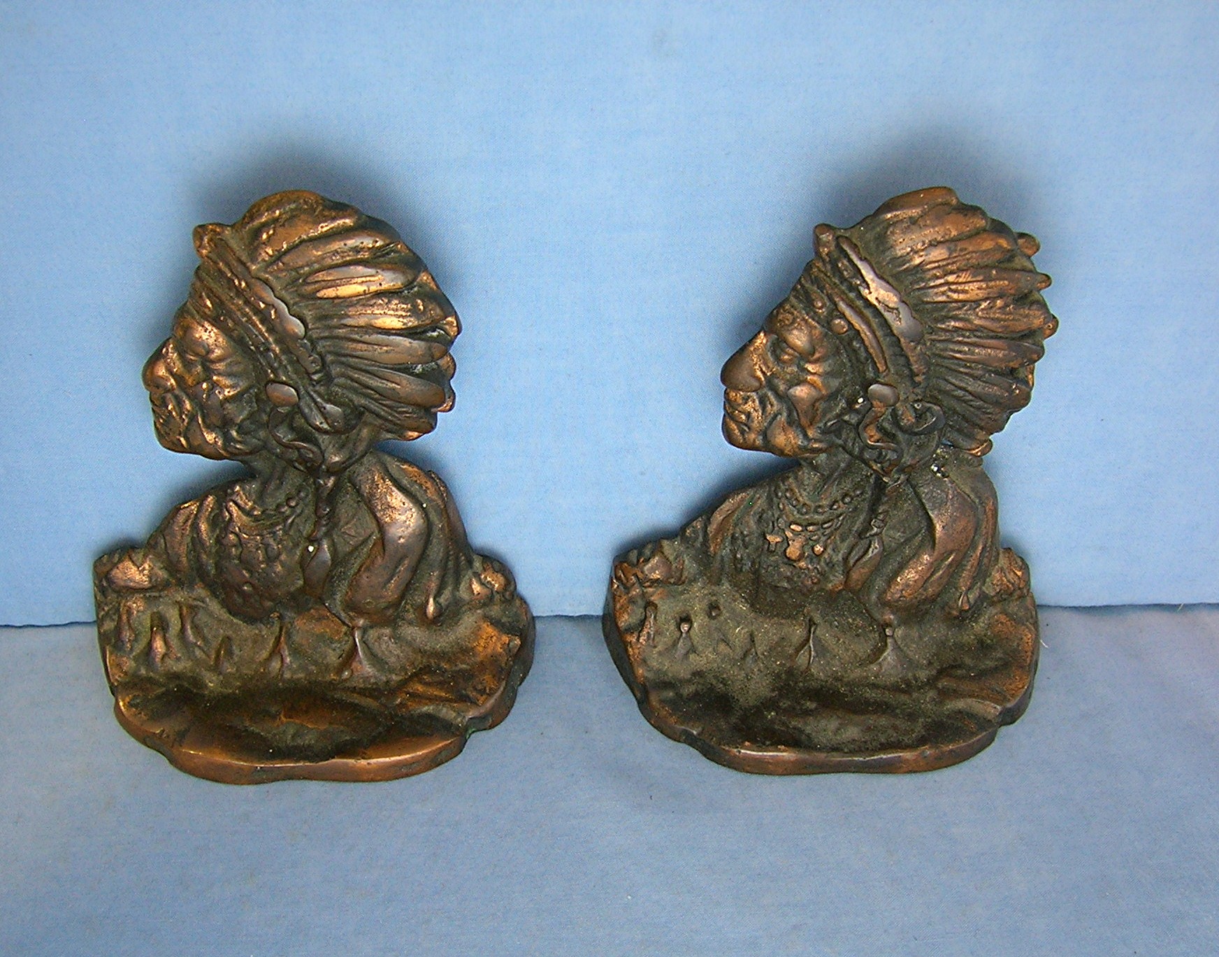 Cast Iron Copper Plate Native American Chief Book Ends