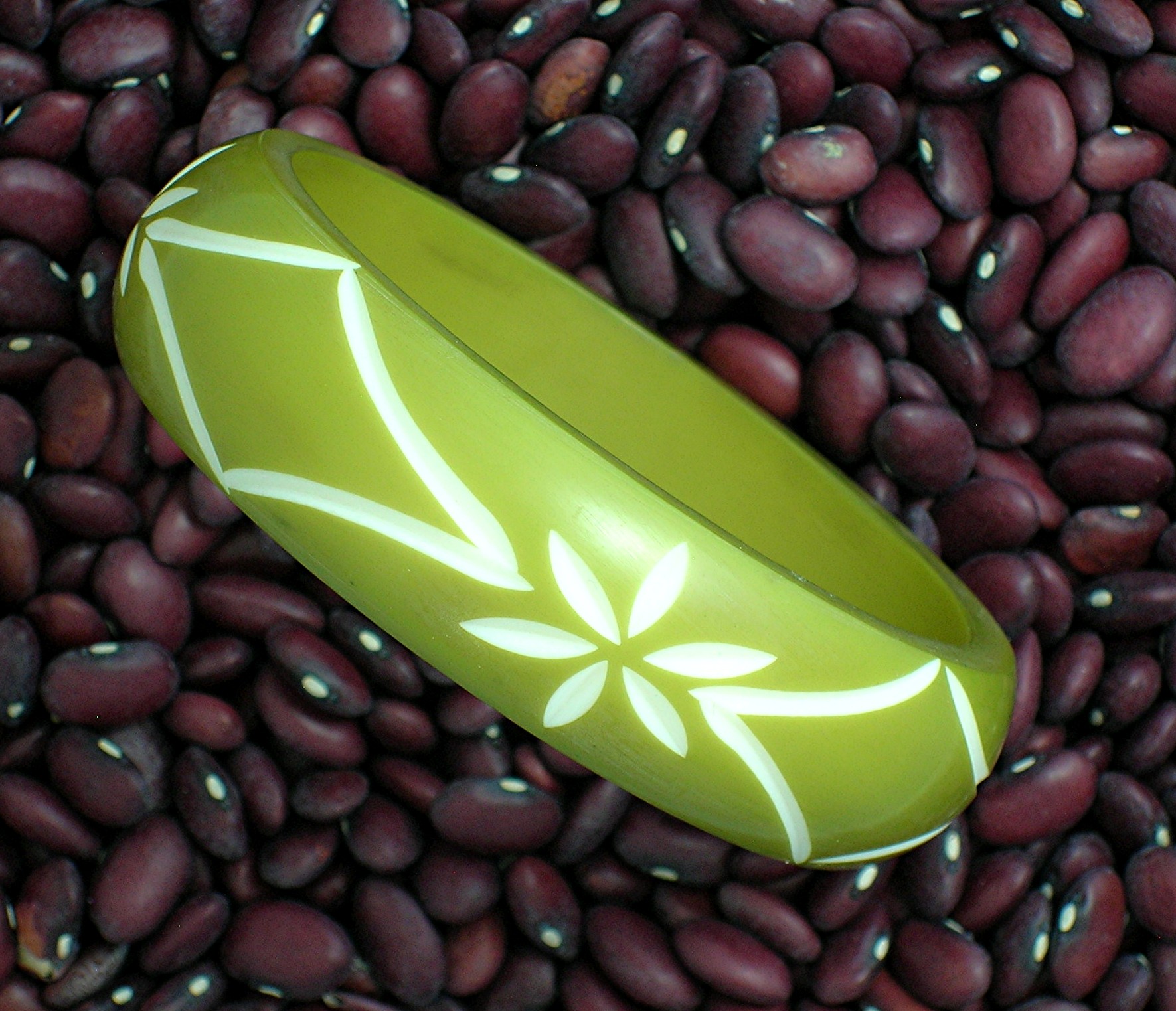Bakelite Green White Carved Bangle Bracelet