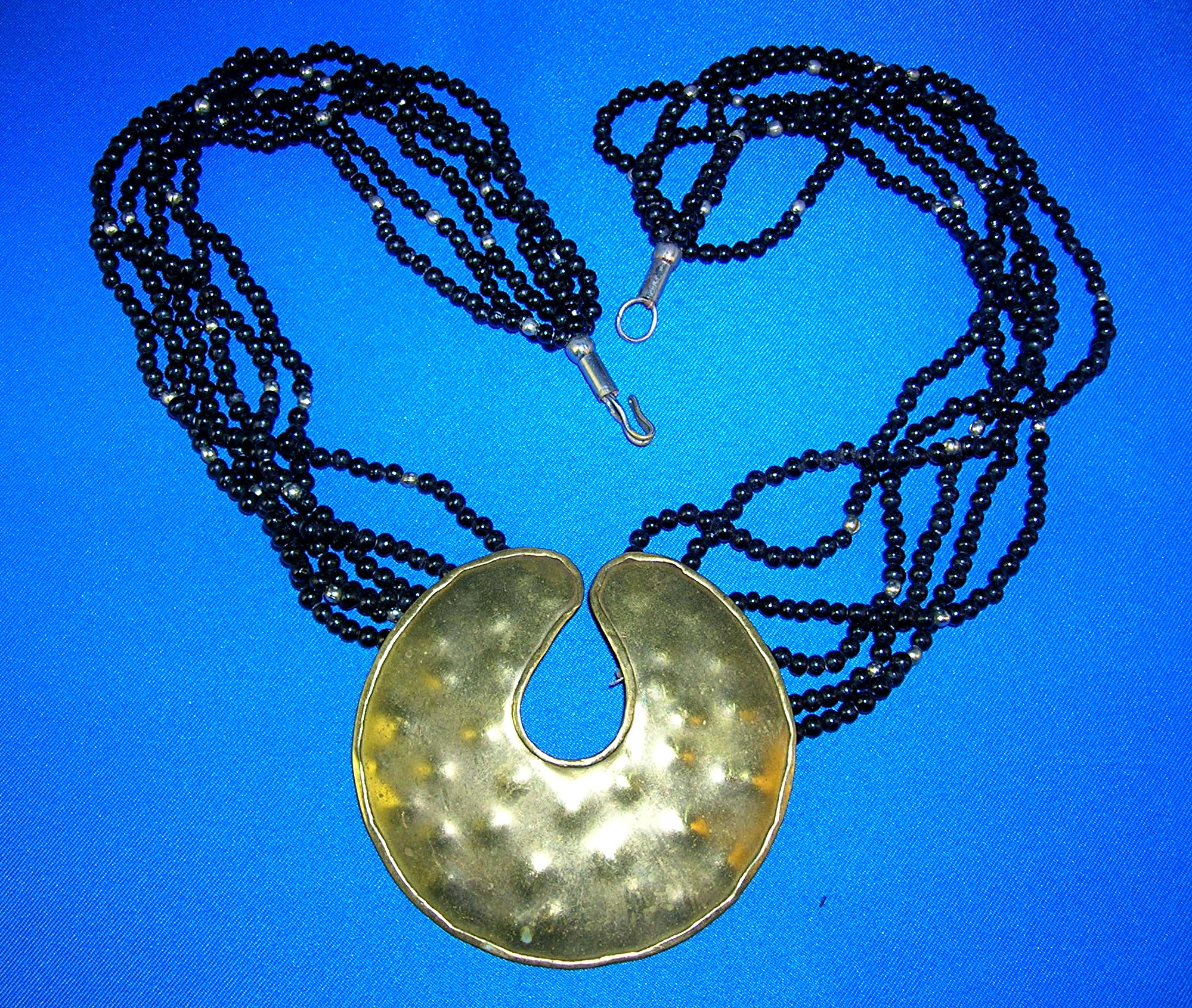 Black Onyx and Brass Bead necklace Brass Pendant