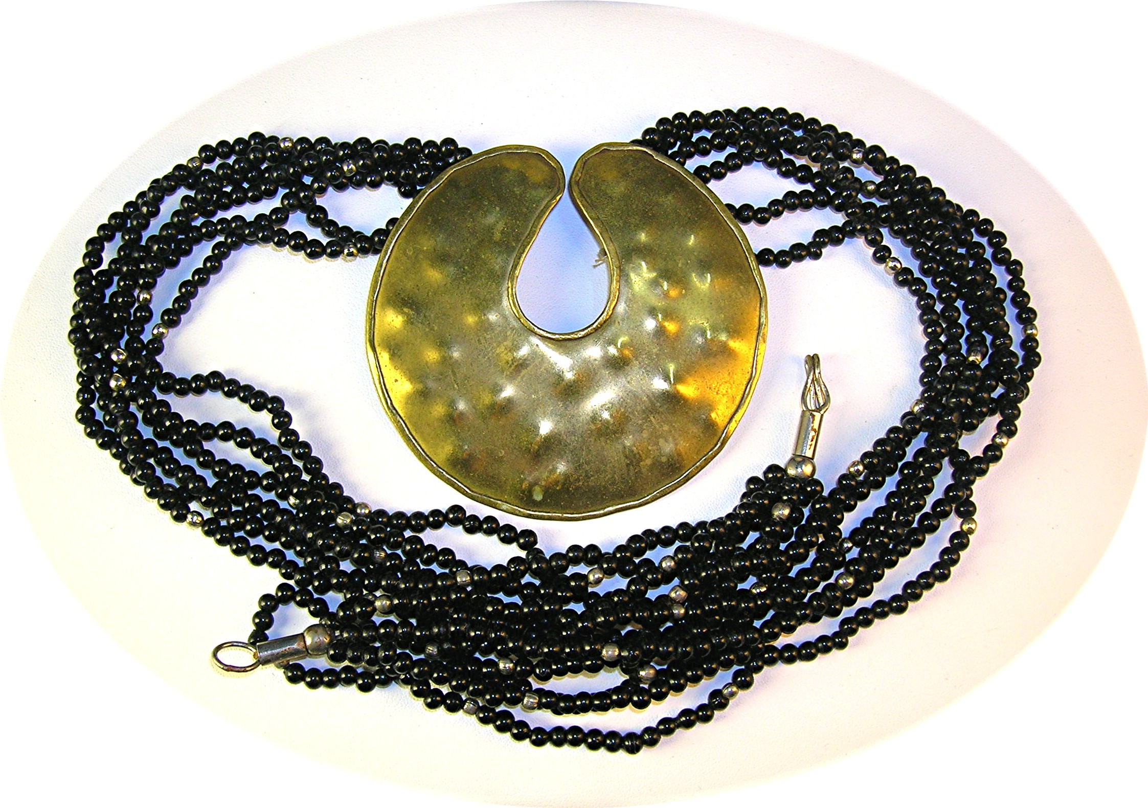 Black Onyx and Brass Bead necklace Brass Pendant