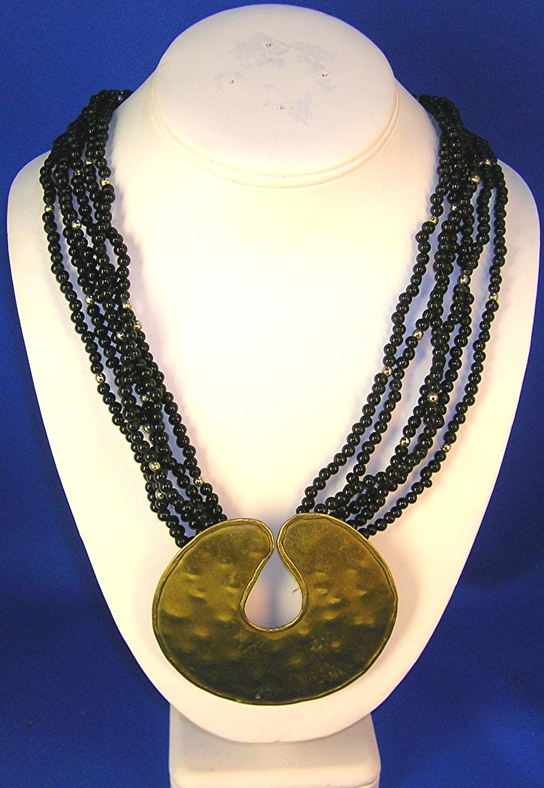 Black Onyx and Brass Bead necklace Brass Pendant
