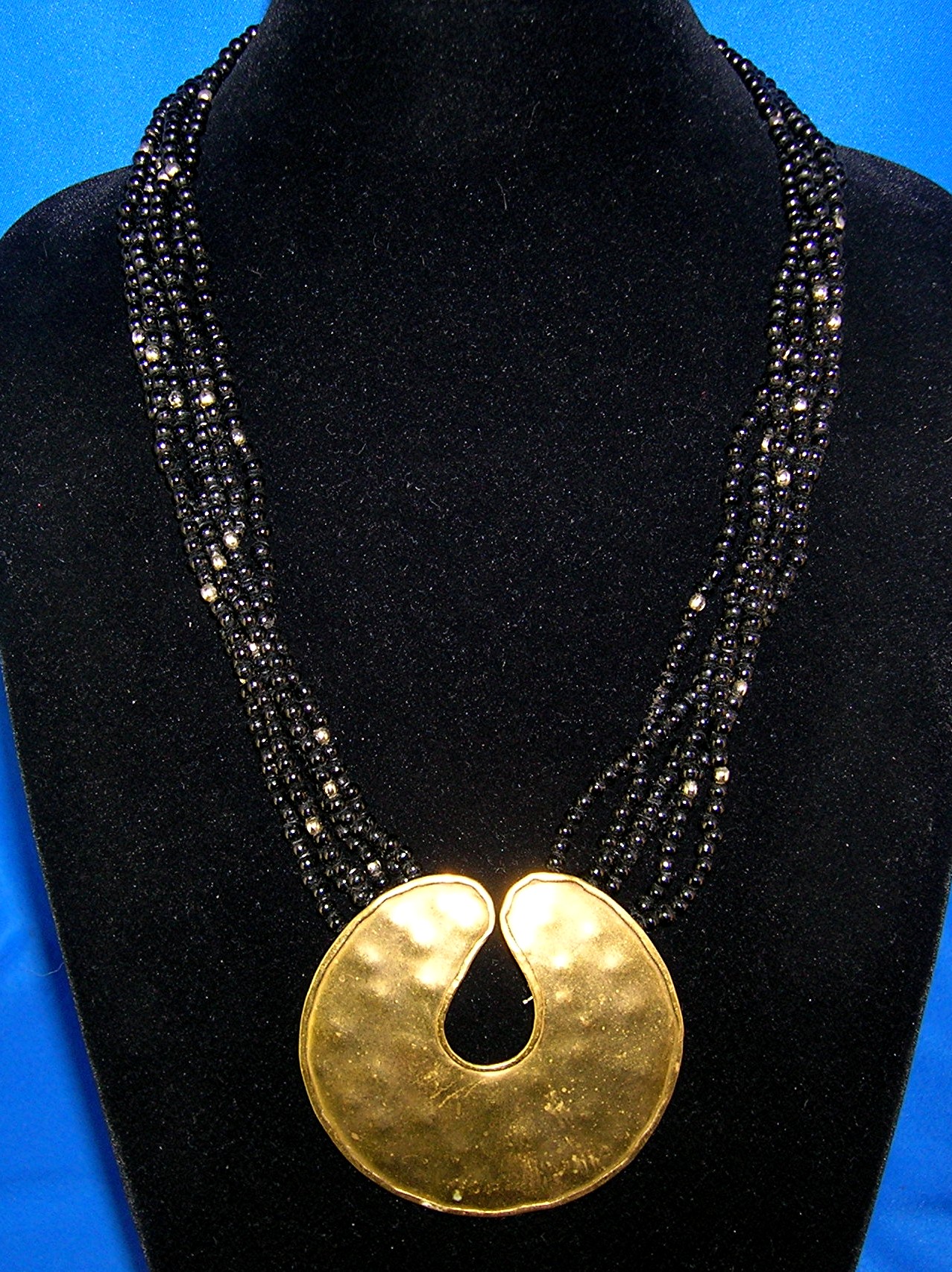 Black Onyx and Brass Bead necklace Brass Pendant