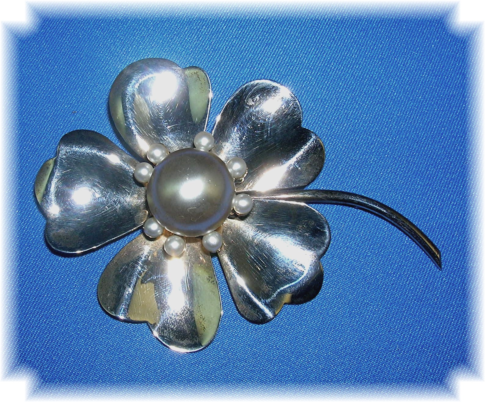 4 Inch Sterling Silver Foux Pearl Brooch