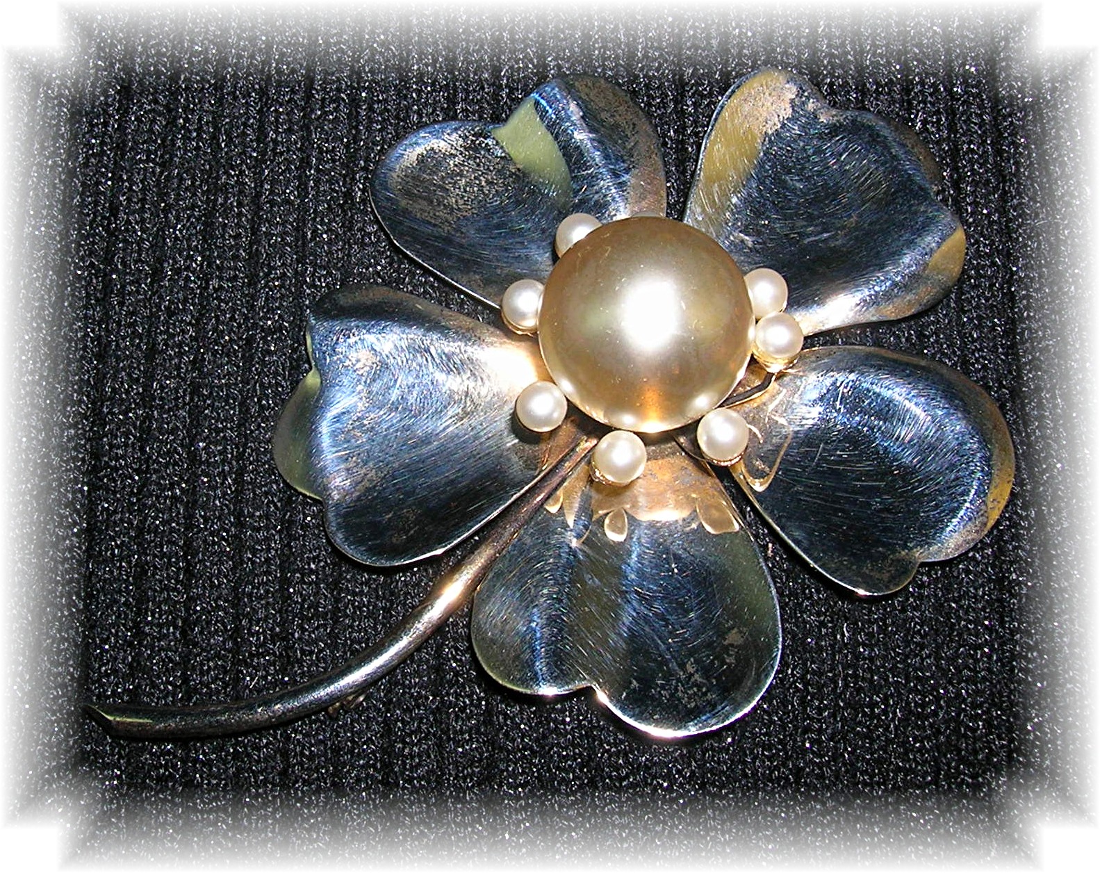 4 Inch Sterling Silver Foux Pearl Brooch