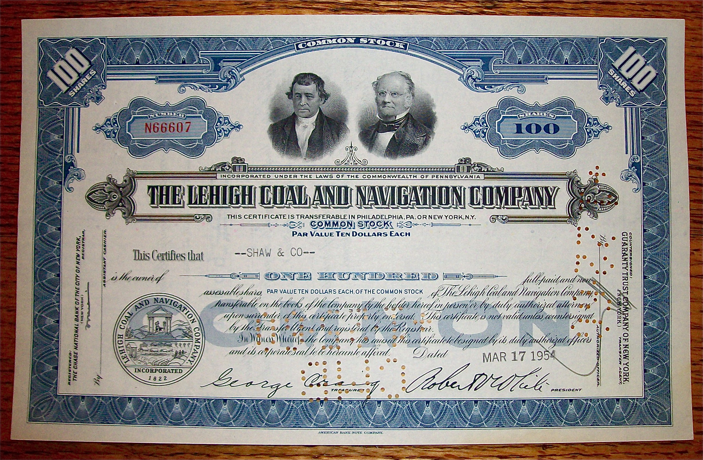 1954 LeHigh Coal & Navigation Company Stock Certificate