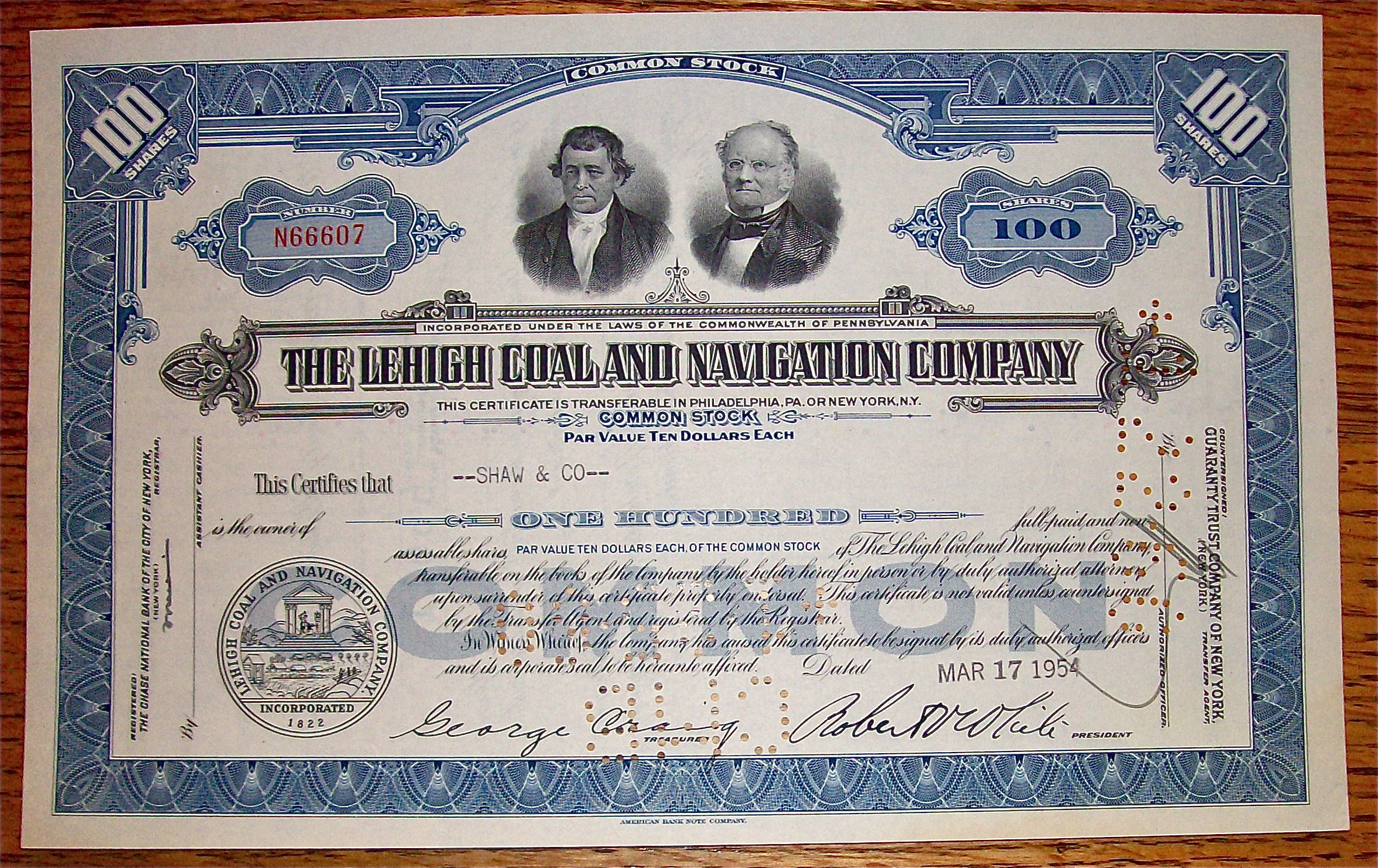 1954 LeHigh Coal & Navigation Company Stock Certificate