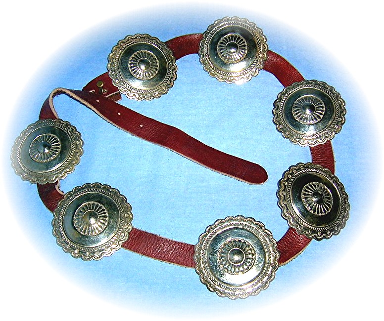 7 Very Large Silver Conchos On Leather Belt