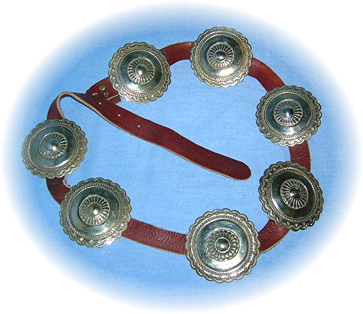 7 Very Large Silver Conchos On Leather Belt