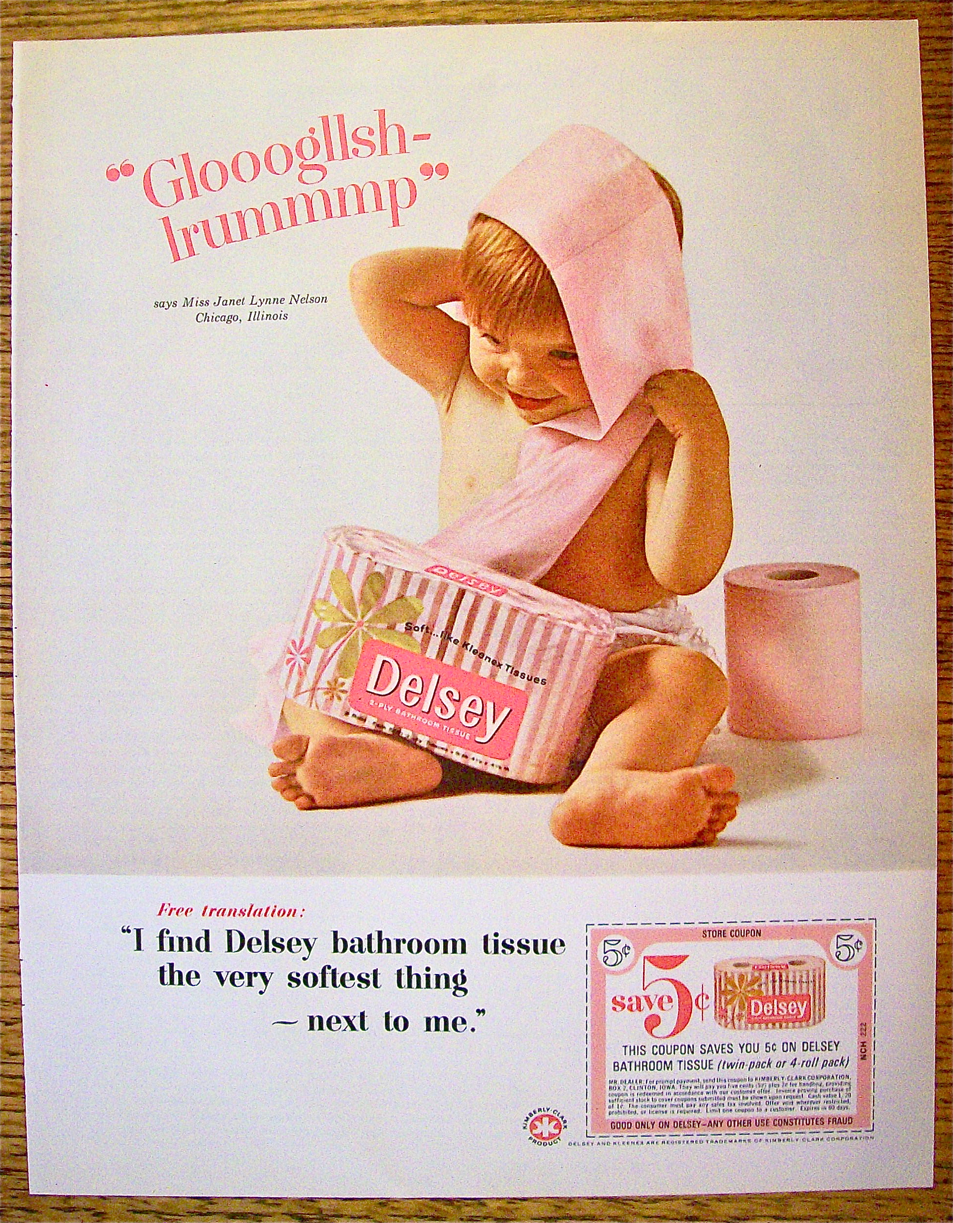 1965 Delsey Bathroom Tissue with Baby Wrapped In Tissue