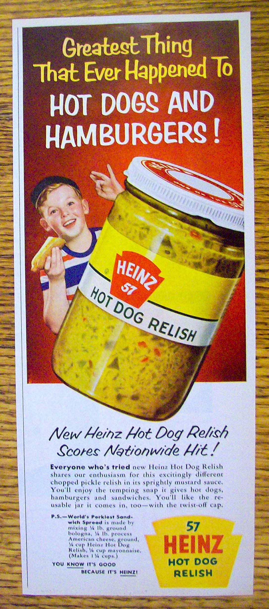 1954 Heinz Hot Dog Relish with Boy Eating Hot Dog