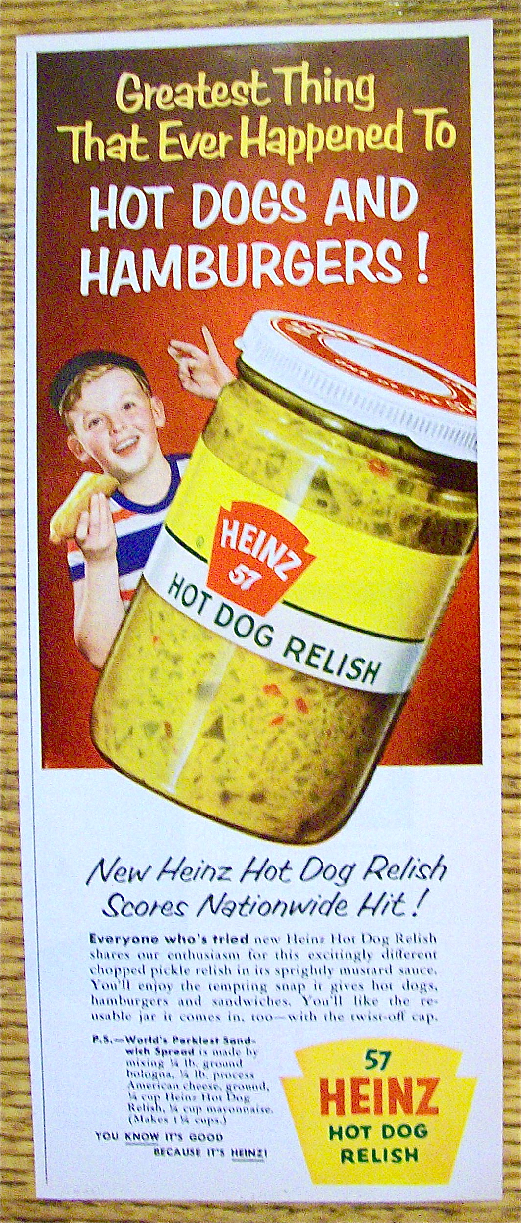 1954 Heinz Hot Dog Relish with Boy Eating Hot Dog