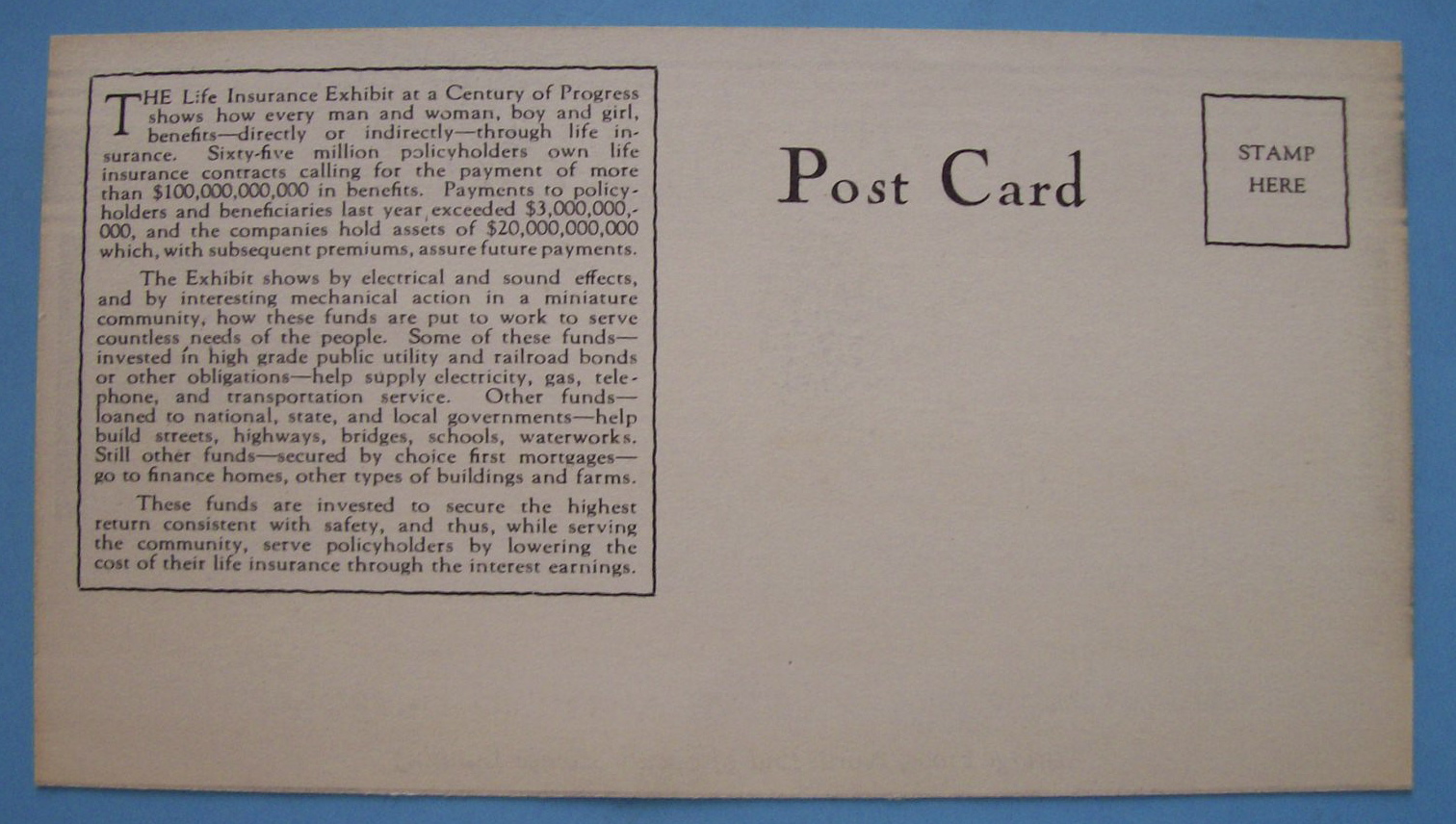 1933 Century Of Progress Life Insurance Postcard