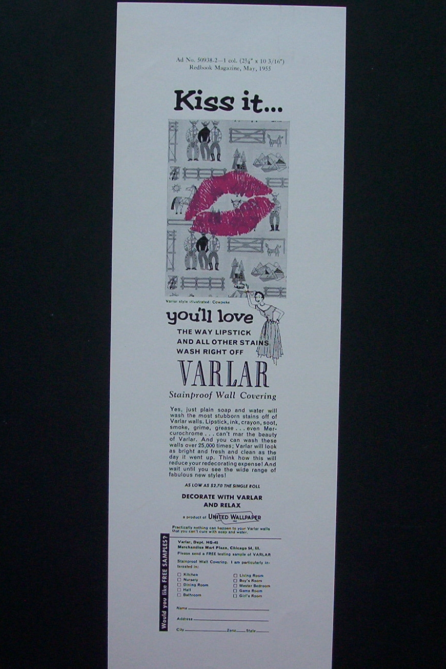 1955 Varlar Stainproof Wall Covering w/ Lips on a Wall
