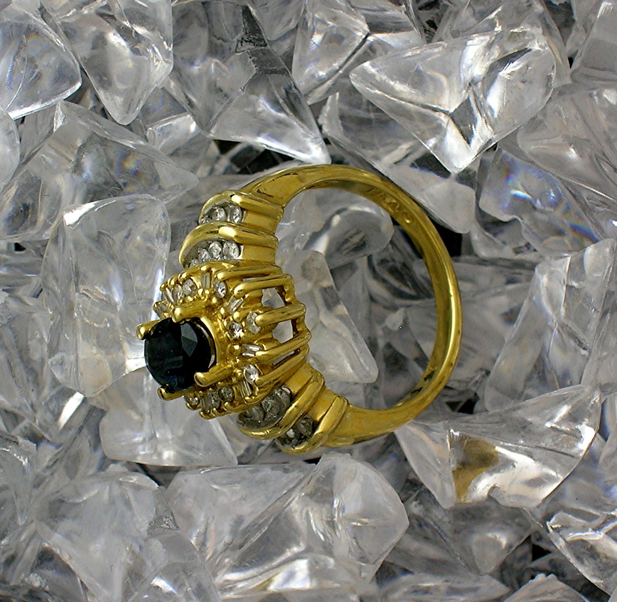 Ring 14K Yellow Gold 1ct Diamond 1ct Sapphire