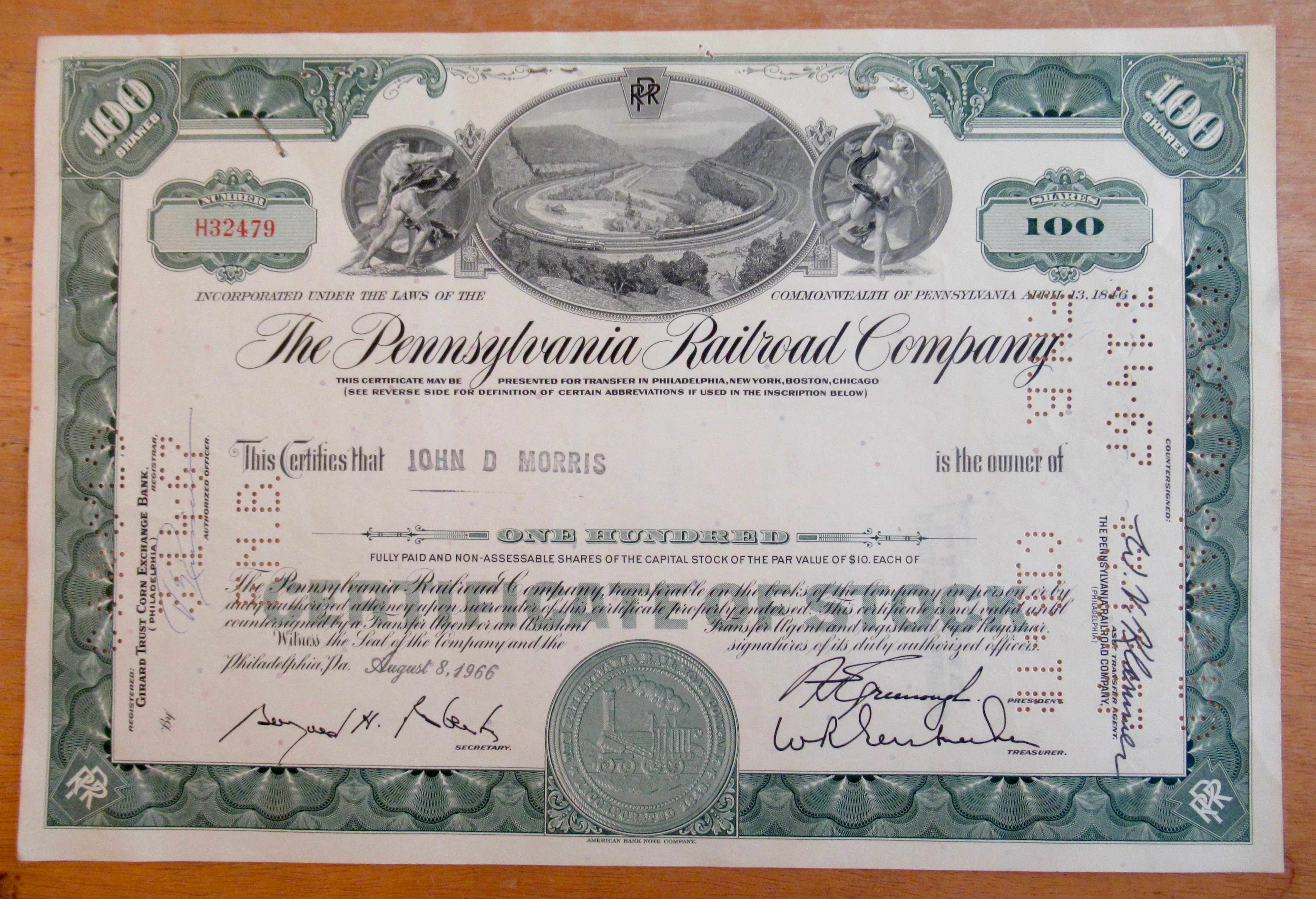 1966 The Pennsylvania Railroad Stock Certificate