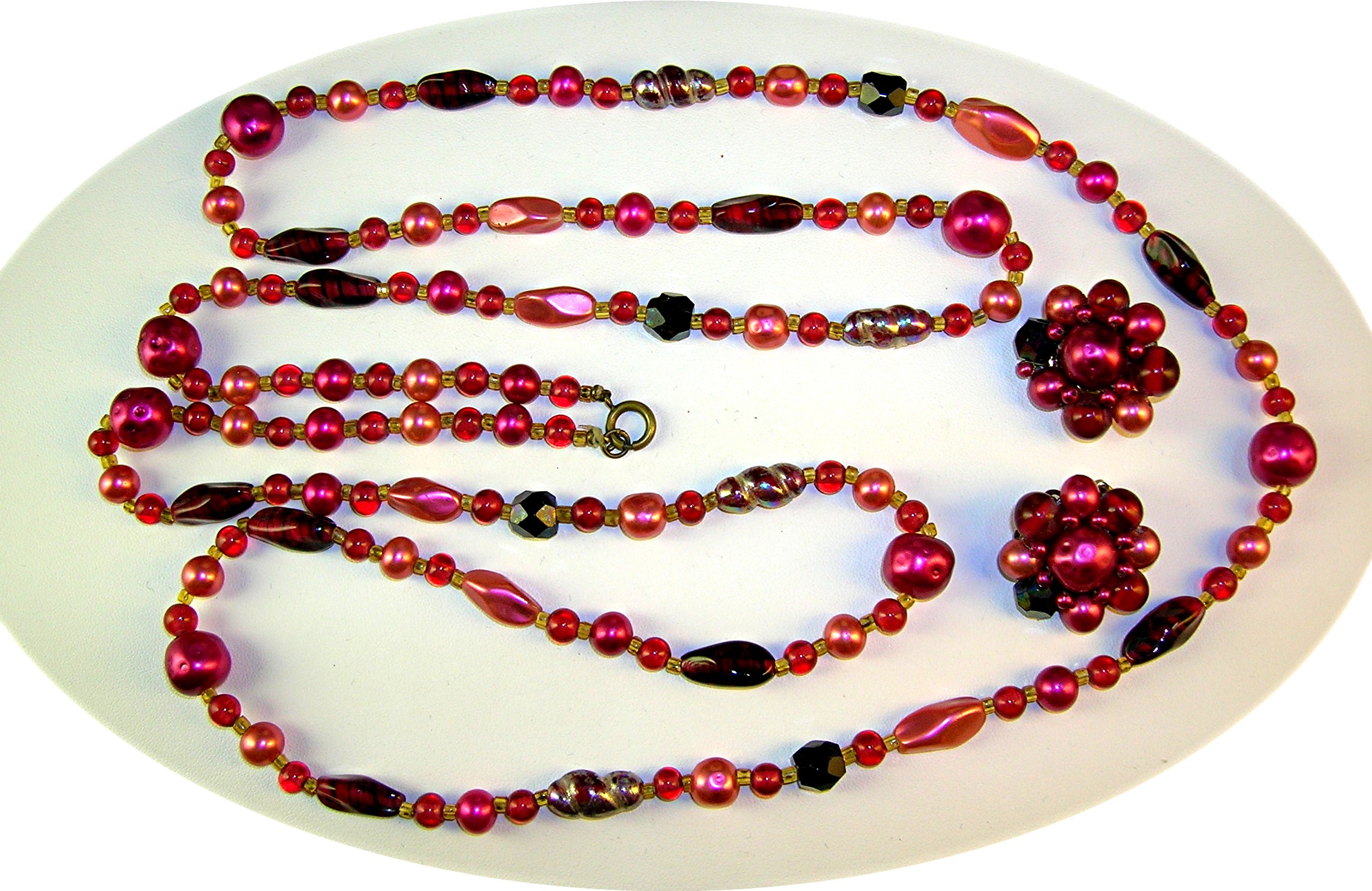 Cranberry Pearl Glass 50 Inch NecklaceEarrings JAPAN..
