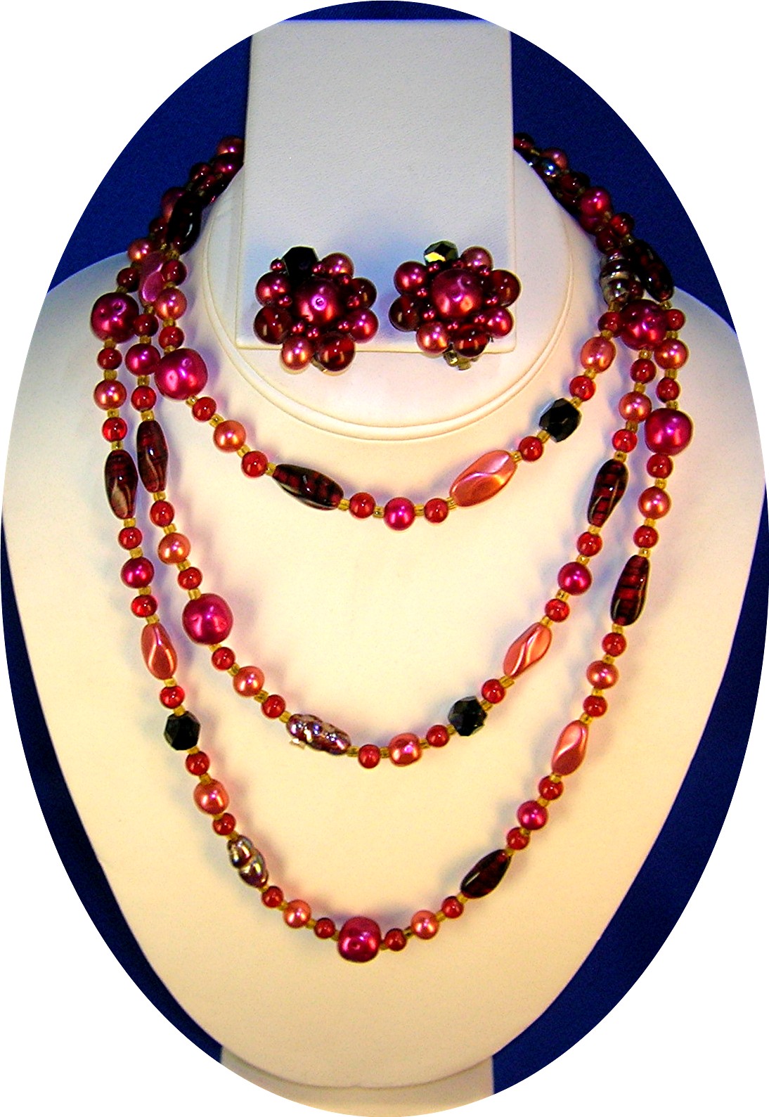 Cranberry Pearl Glass 50 Inch NecklaceEarrings JAPAN..