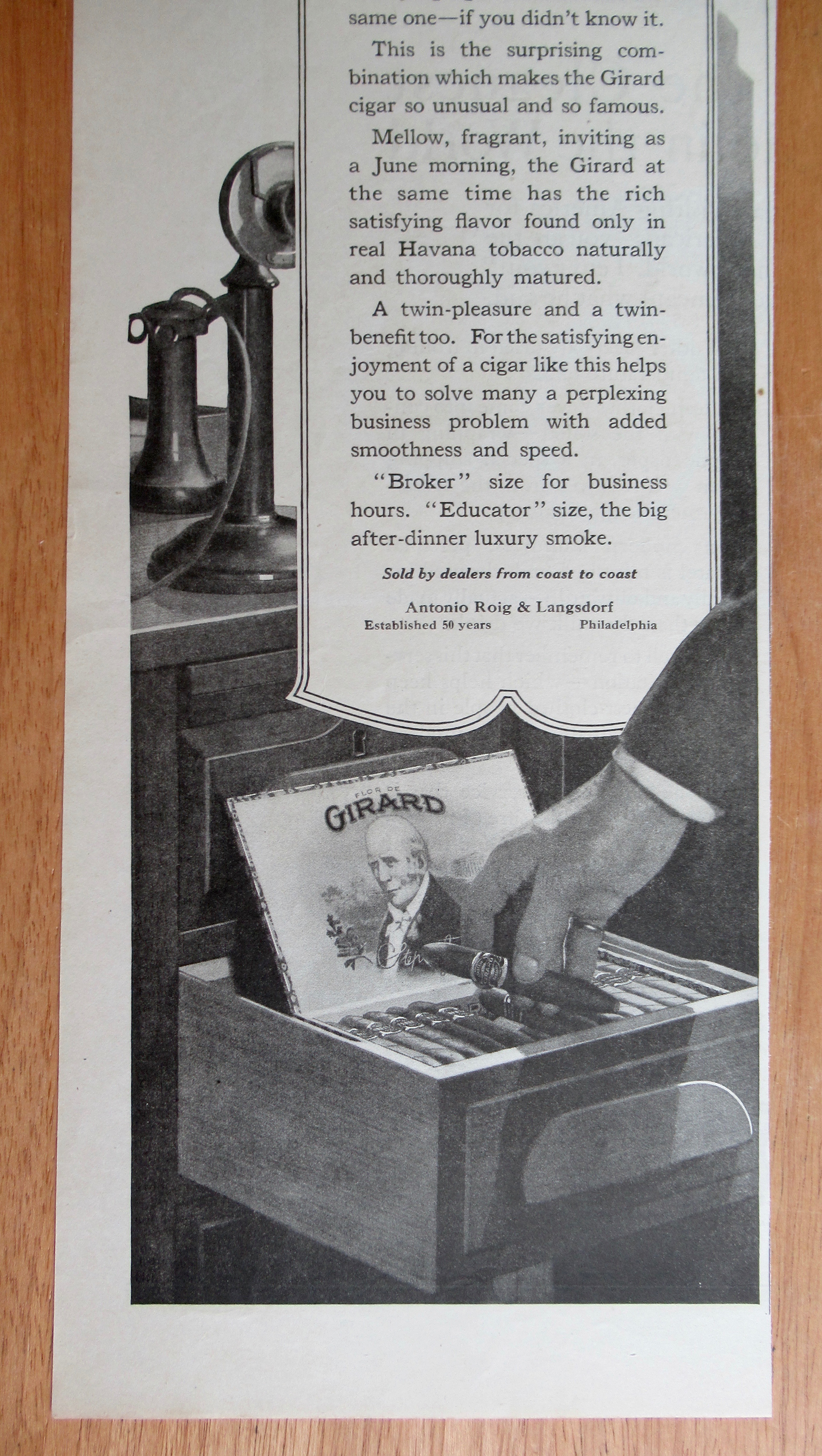 1921 Girard Cigars with Hand Taking Cigar Out of Box