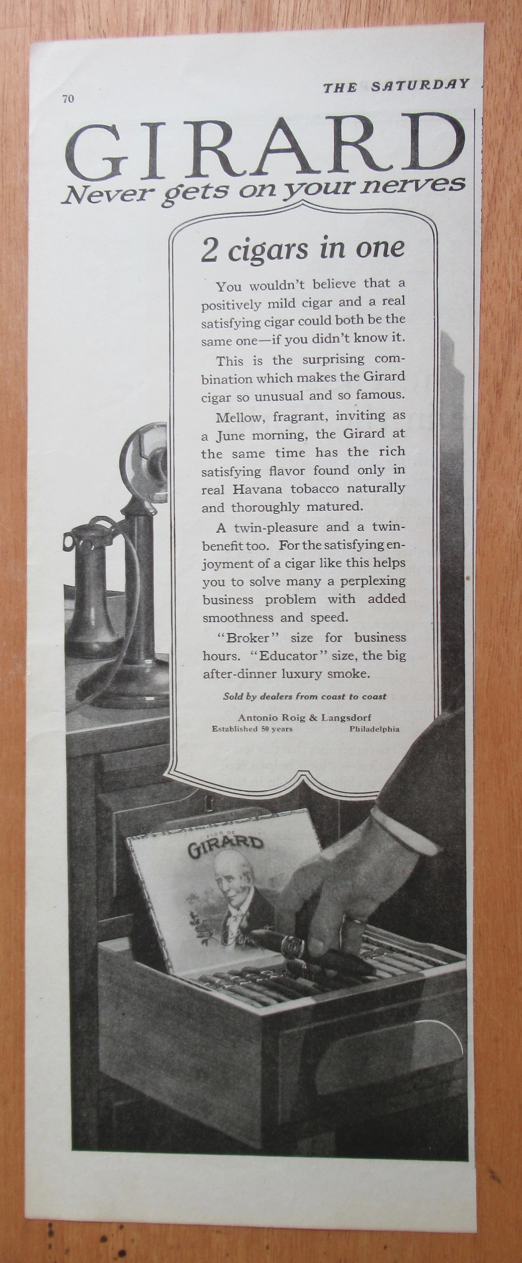 1921 Girard Cigars with Hand Taking Cigar Out of Box