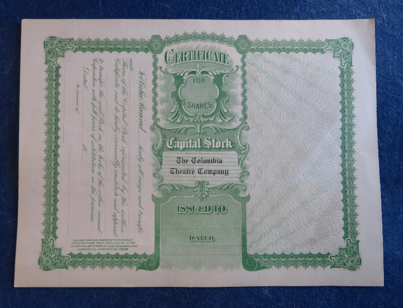 Early 1900's The Columbia Theatre Company Stock Certificate